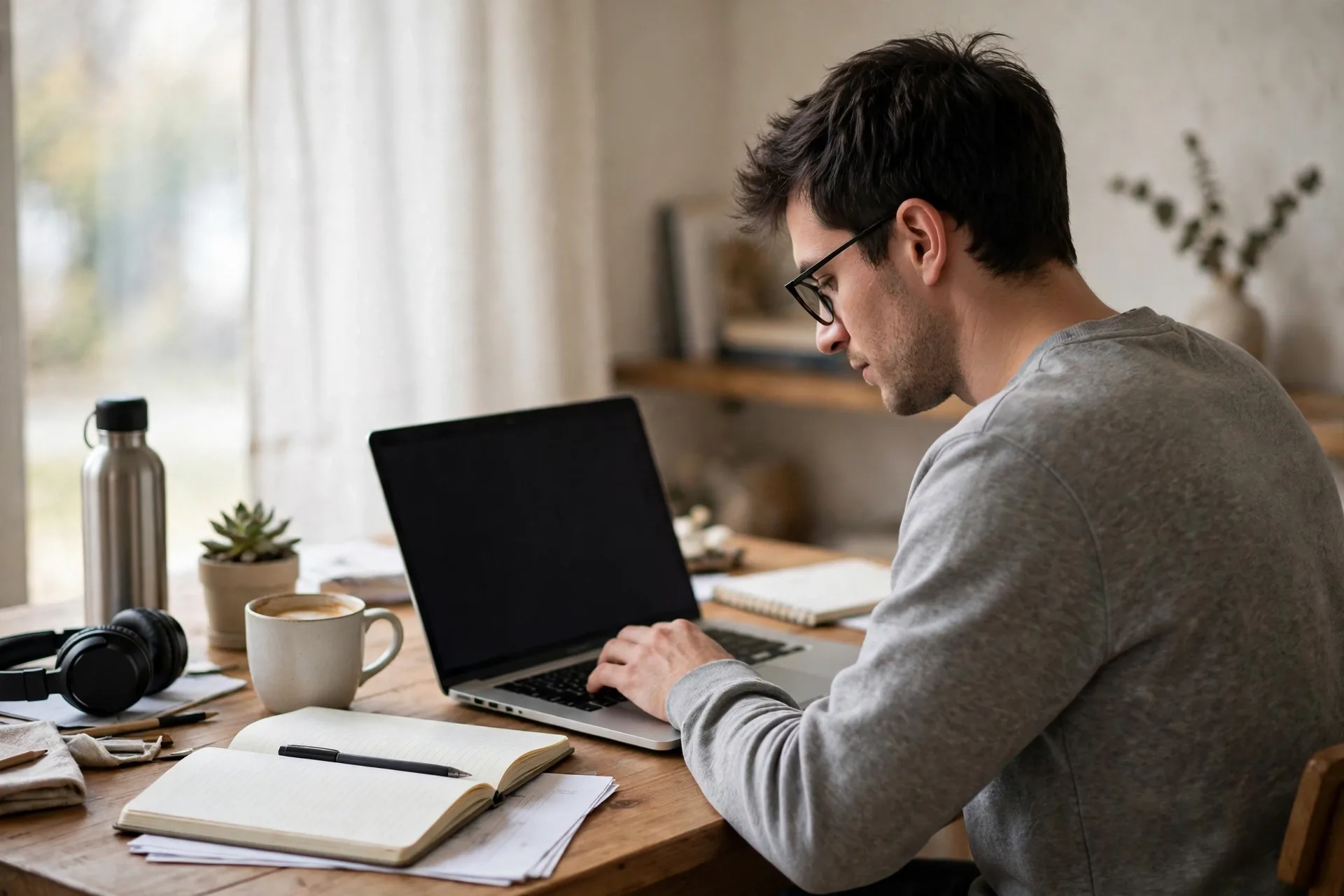 Freelancer working on a laptop at a home desk for business ideas you can start with $1,000