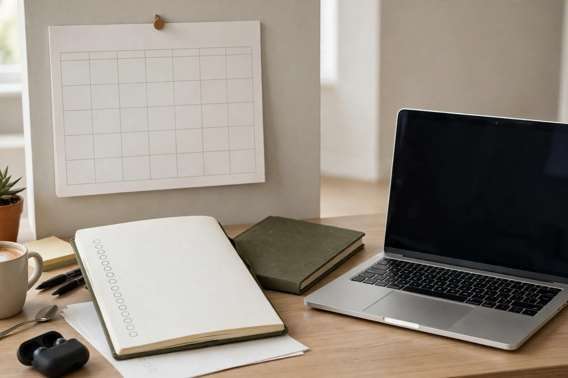 Calendar and checklist notebook beside a laptop for a business ideas you can start with $1,000 launch plan
