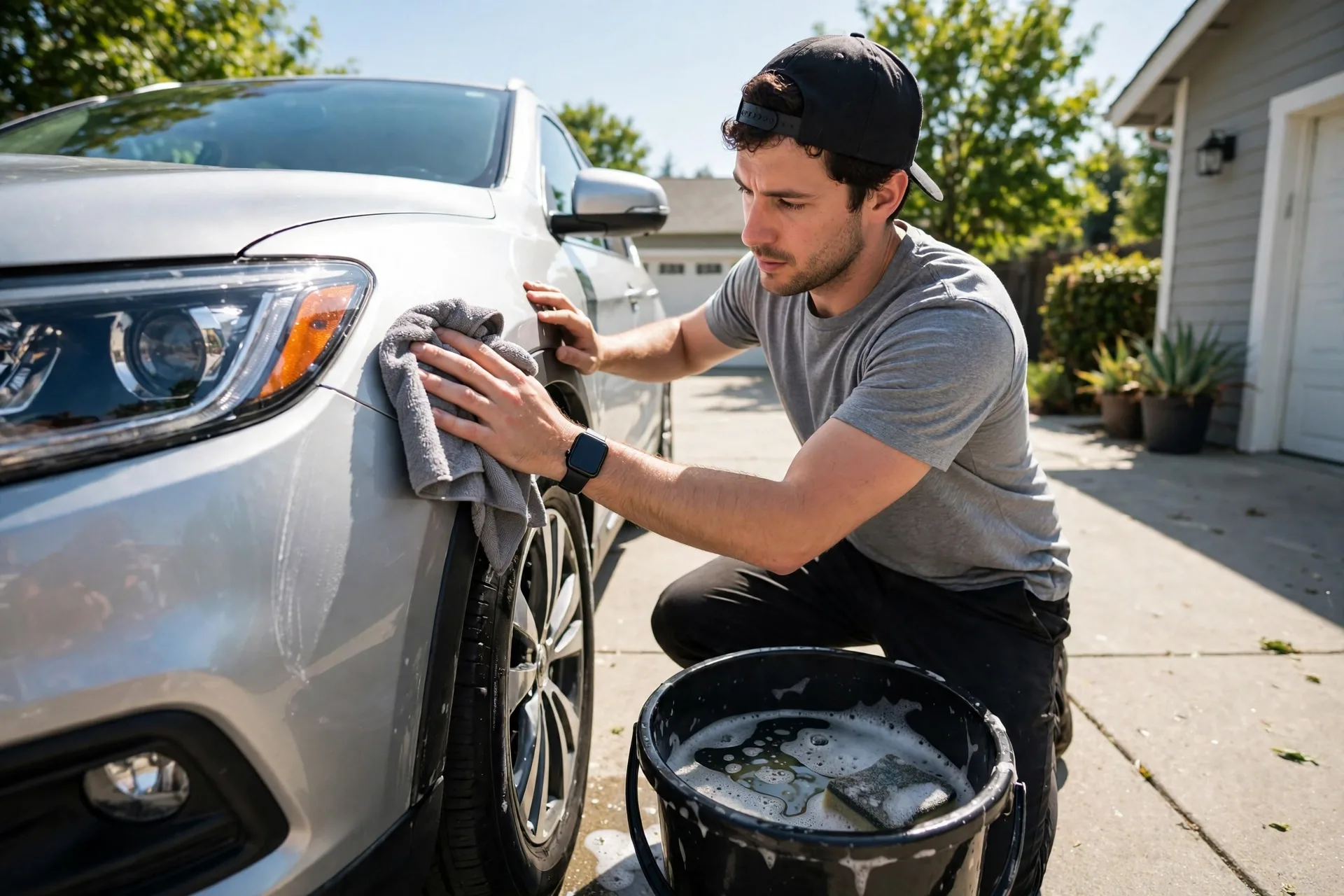 Man detailing a car in a driveway for business ideas you can start with $1,000 local services