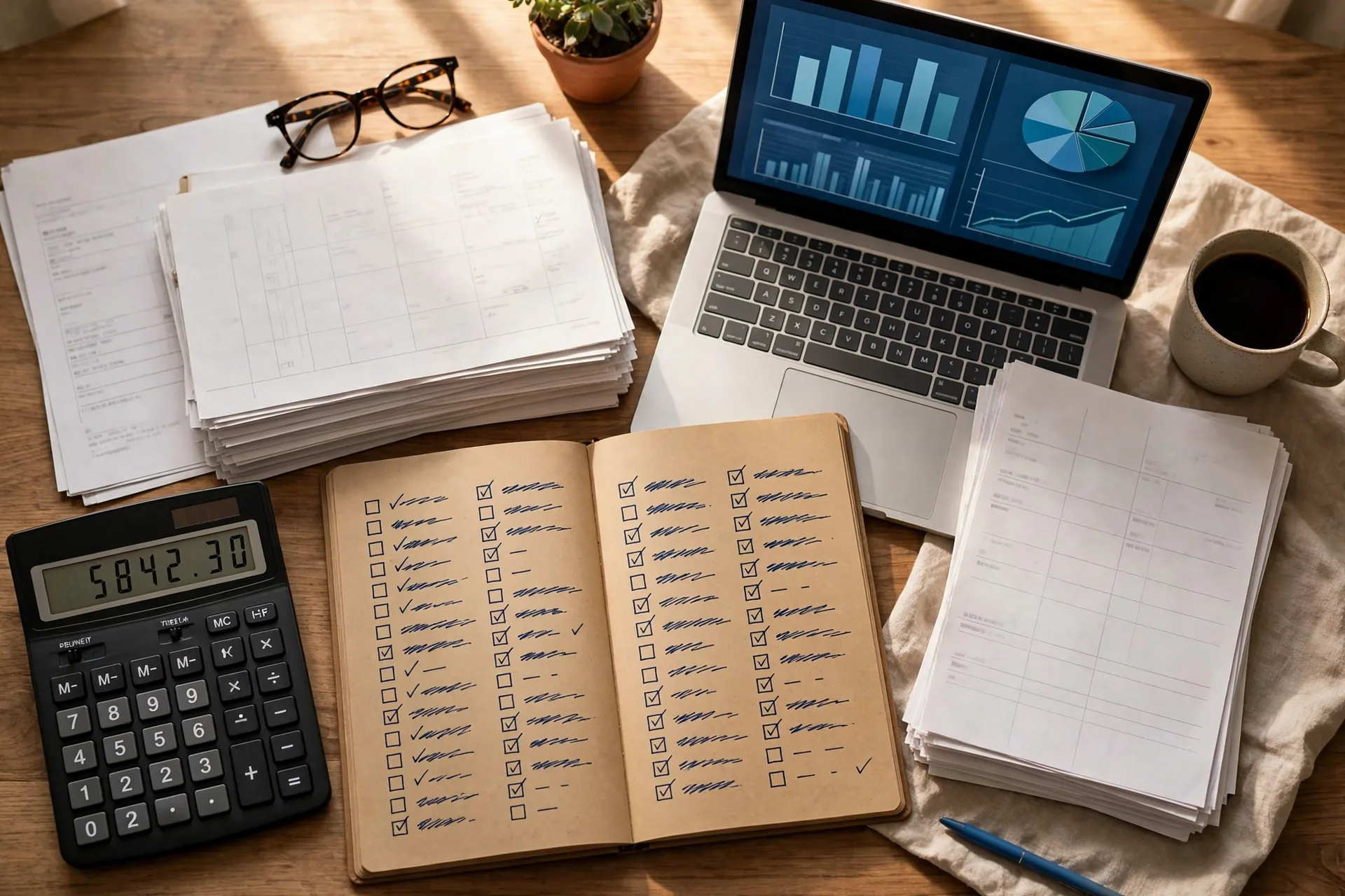 Person calculating net worth with calculator, notebook listing assets and liabilities