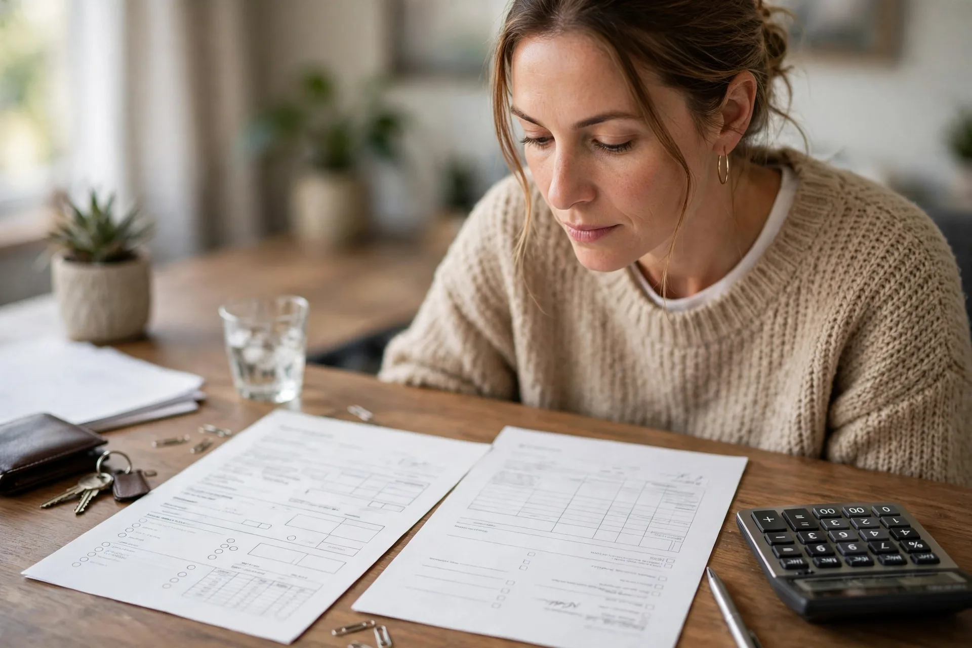 Person reviewing a credit card statement and a loan document at a desk with a calculator, for compound interest explained debt warning