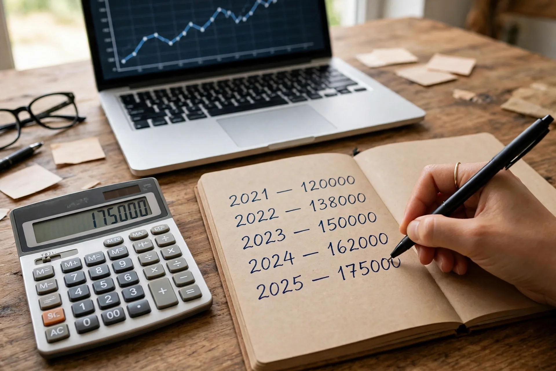 Hand writing yearly balance numbers in a notebook next to a calculator and a laptop with a line chart, for compound interest explained formula