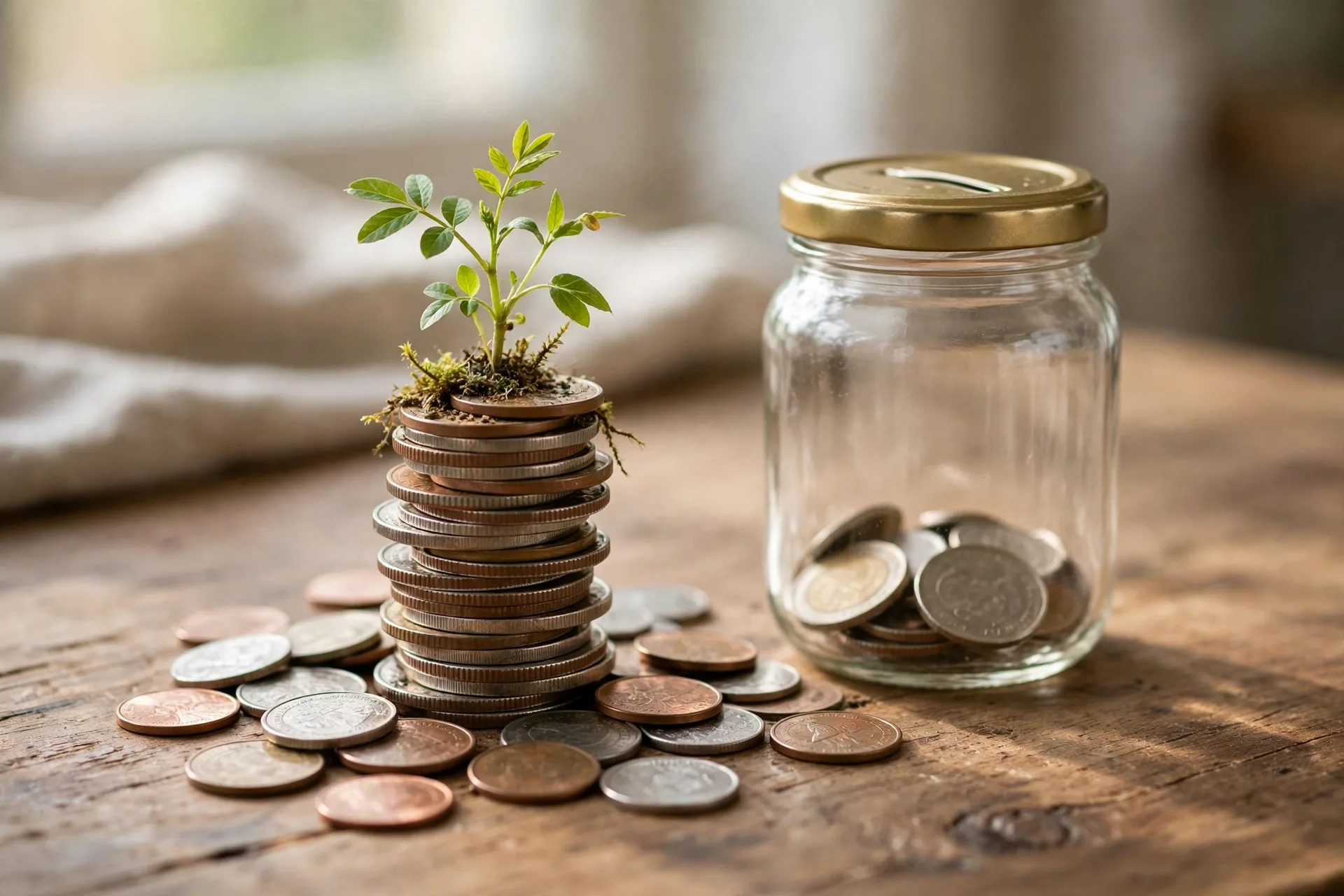 Coins and a small plant growing from a stack of coins beside a savings jar, for compound interest explained