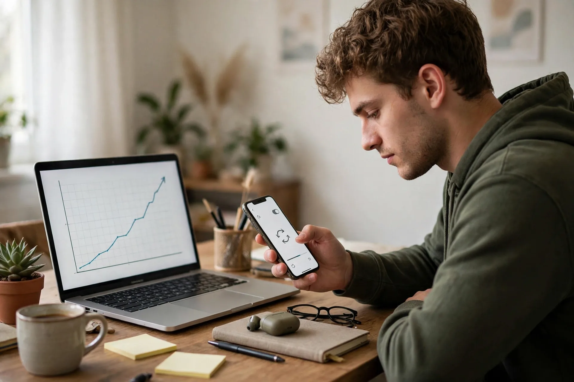 Young adult setting up an automatic monthly transfer on a phone while a laptop shows a long-term growth chart, for compound interest explained monthly contributions