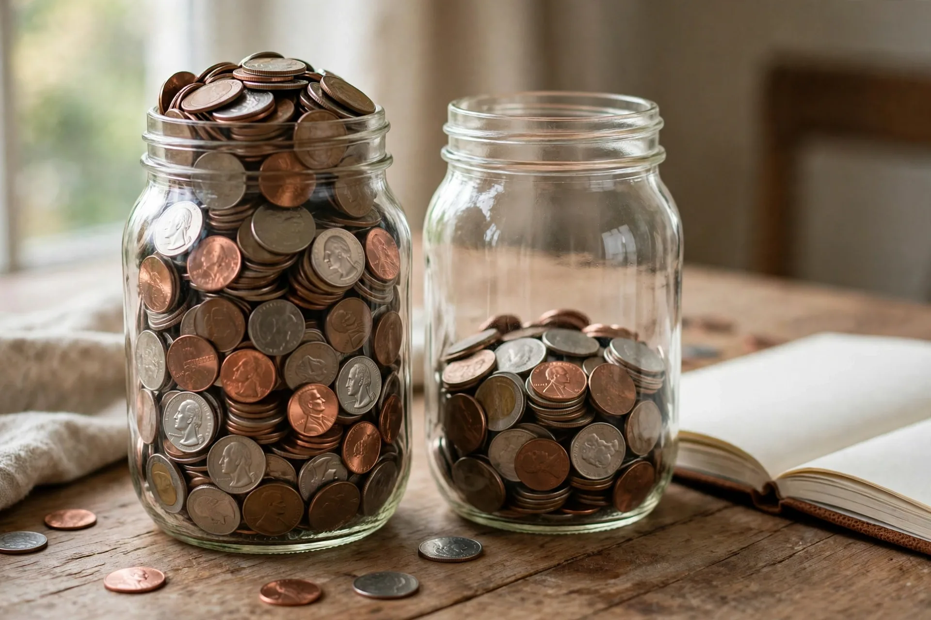 Two jars of coins on a desk, one jar fuller than the other, with a notebook beside them, for compound interest explained simple vs compound
