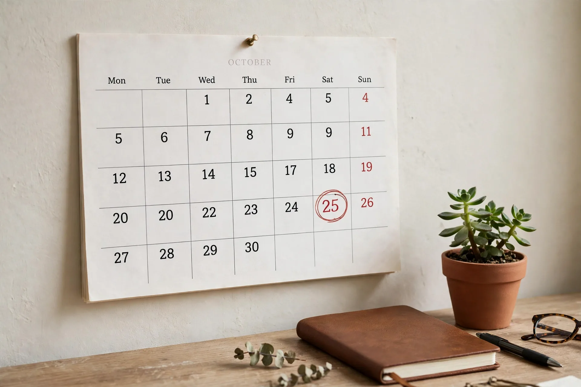 Wall calendar with a circled payday date next to a savings notebook and a plant on a desk, for compound interest explained starting early