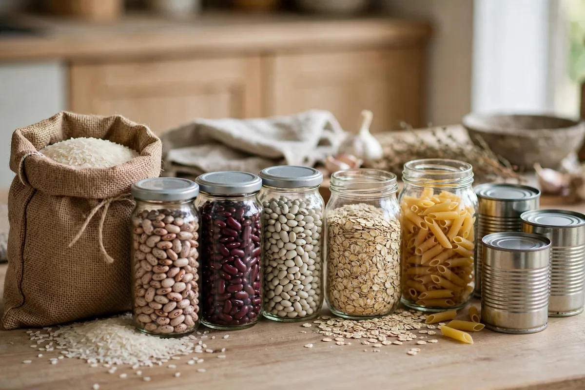Budget-friendly pantry staples like rice, beans, and oats that cut the grocery bill