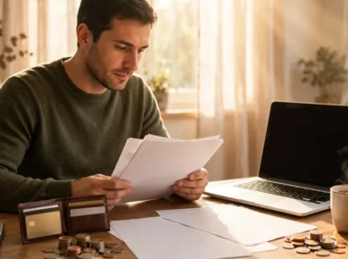 Debt snowball vs debt avalanche: reviewing credit card statements and a debt payoff plan at a desk