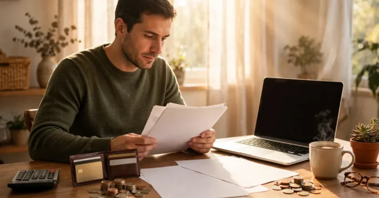 Debt snowball vs debt avalanche: reviewing credit card statements and a debt payoff plan at a desk