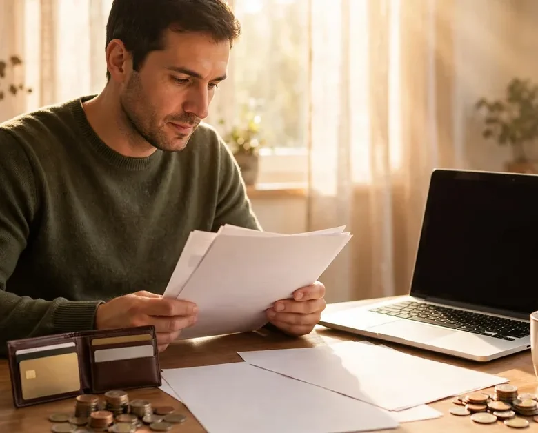 Debt snowball vs debt avalanche: reviewing credit card statements and a debt payoff plan at a desk