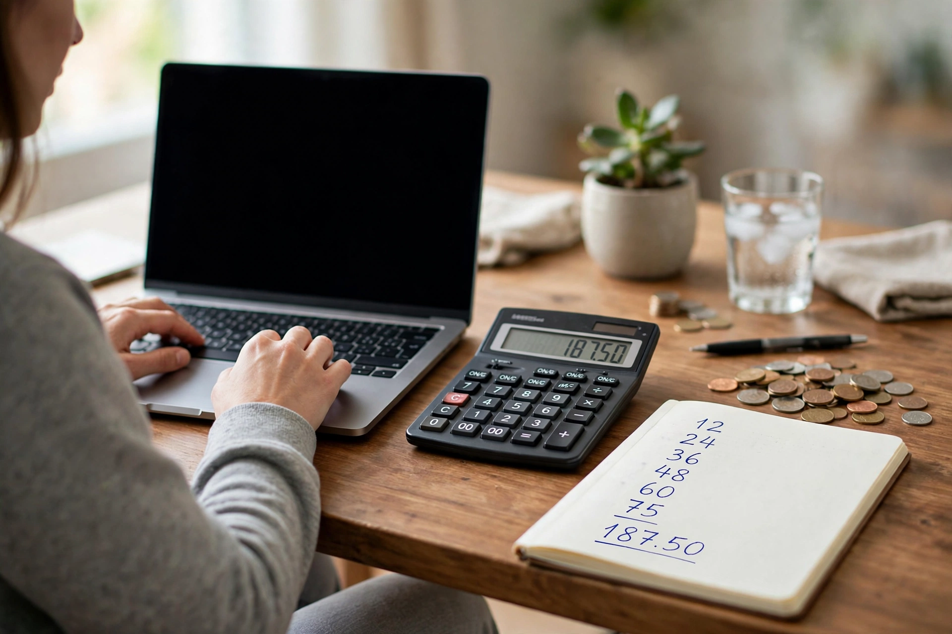 Digital product pricing and platform fees for selling digital products online, with a calculator and notebook