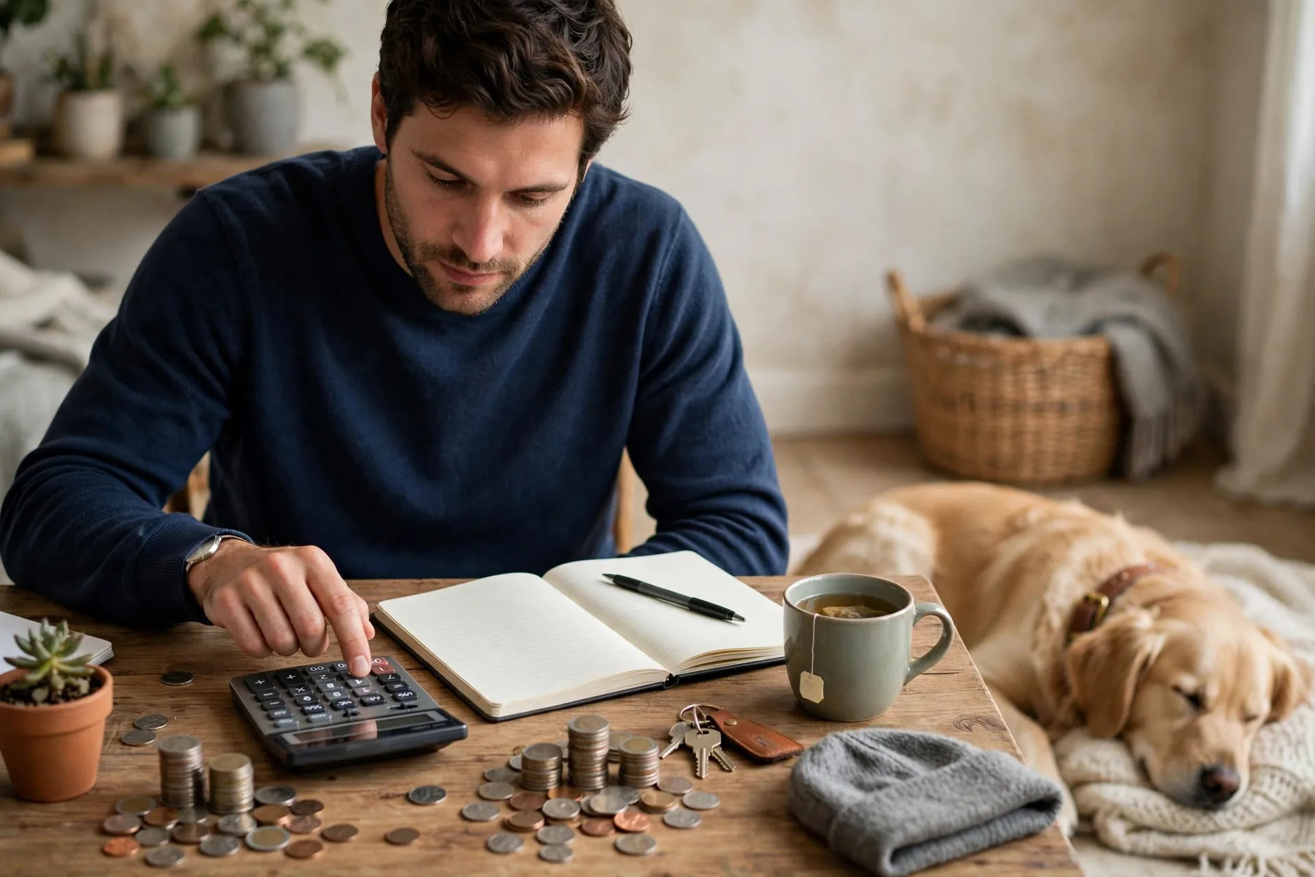 Person at a home desk calculating dog walking income with a notebook, calculator, and coins for a dog walking business