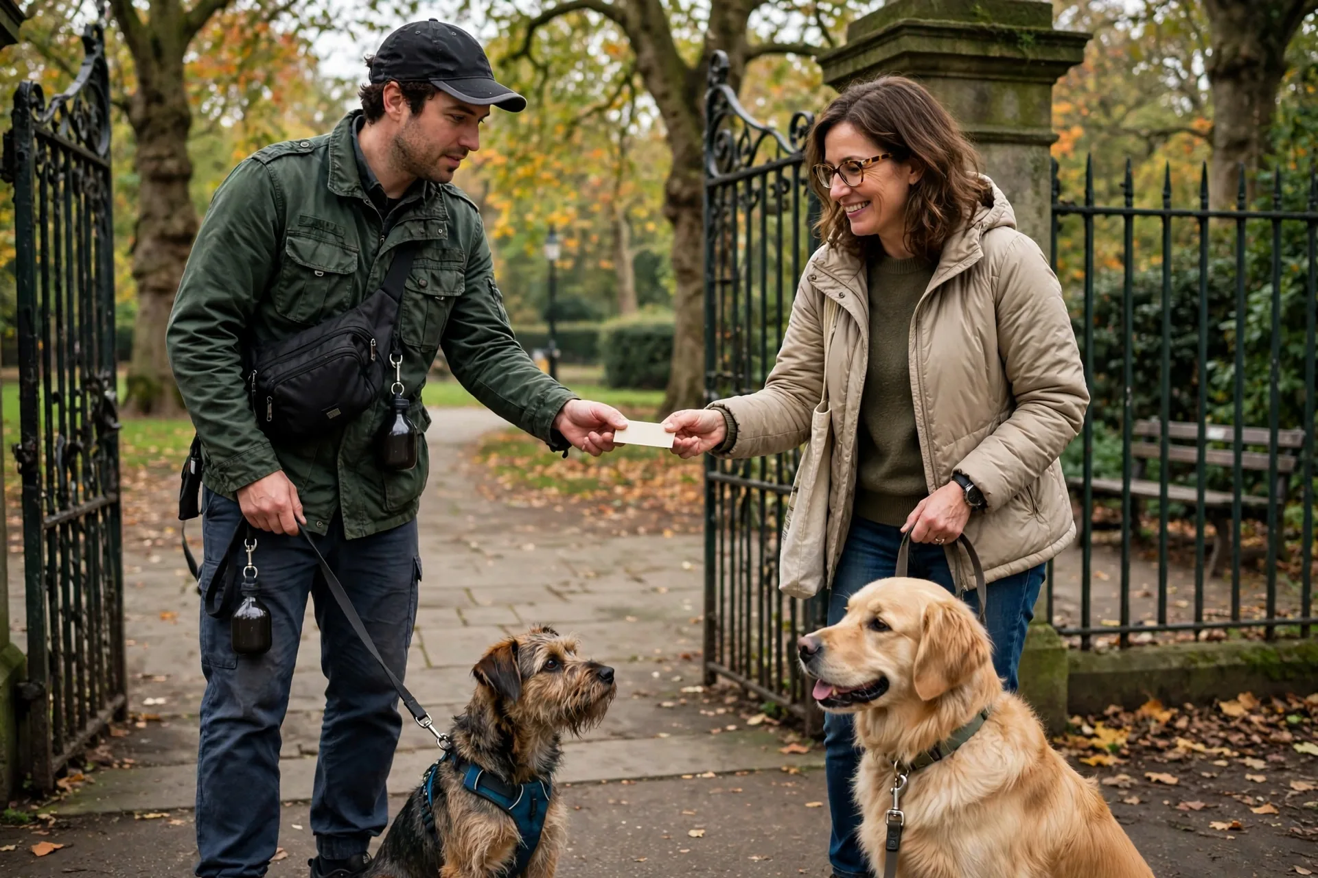 Dog walker handing a business card to a dog owner at a park entrance for a dog walking business