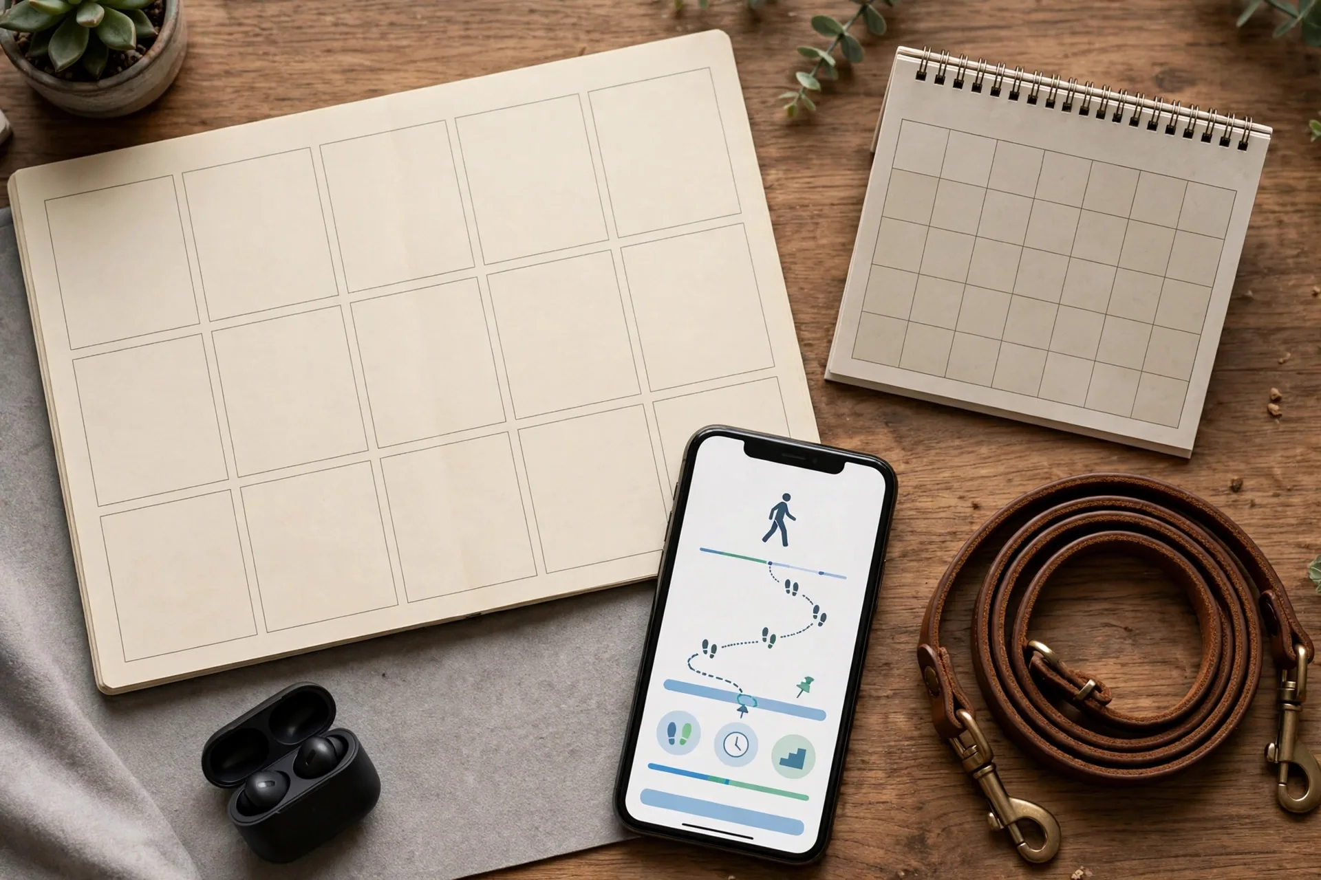 Weekly planner and calendar on a desk with a phone showing a walking schedule and a dog leash for a dog walking business