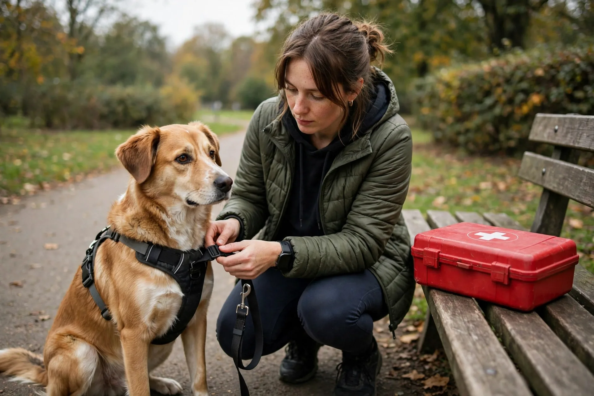 Dog walker checking a dog leash and collar before a walk with a first aid kit on a bench for a dog walking business