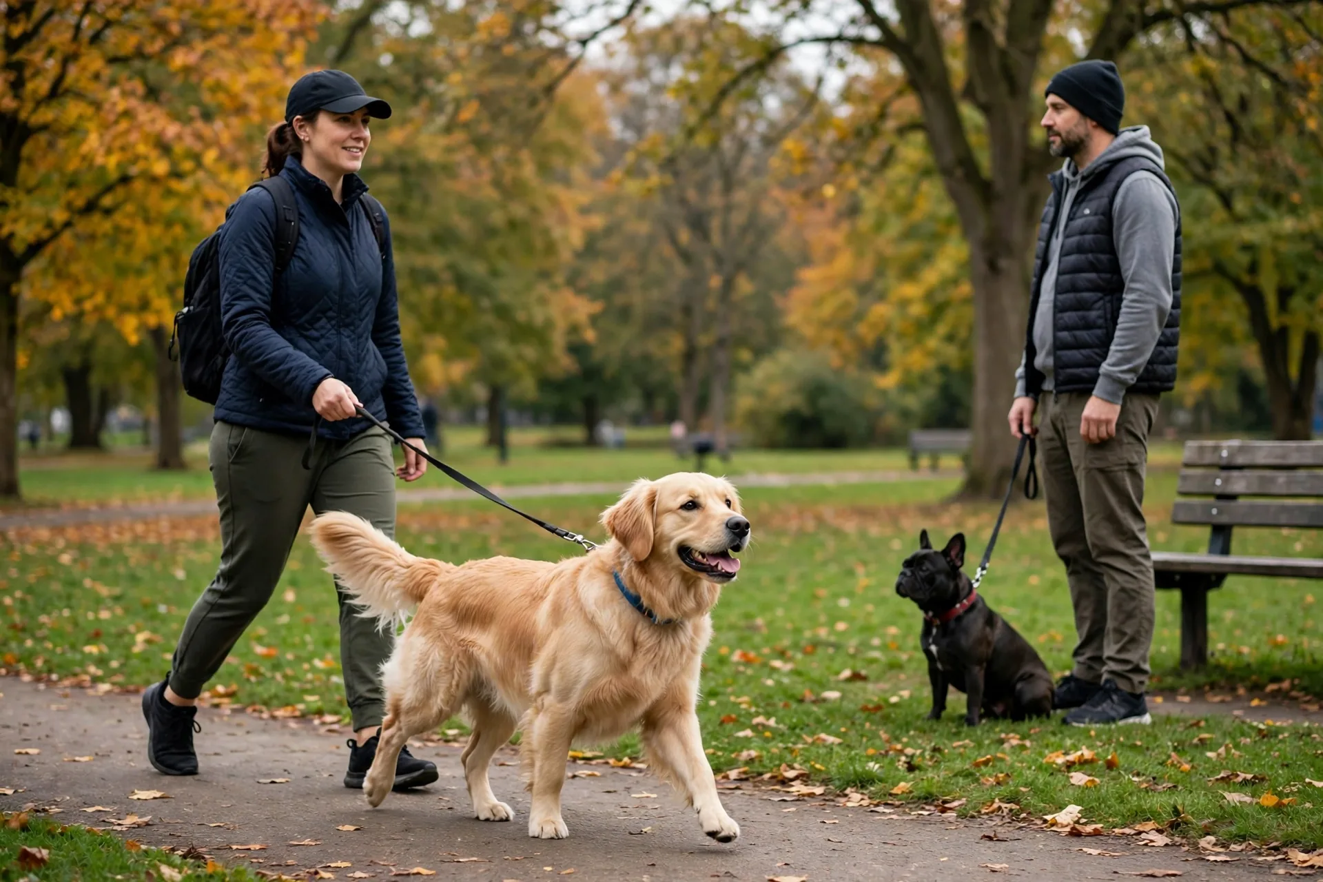 Dog walker doing a solo walk with one dog in a park for a dog walking business