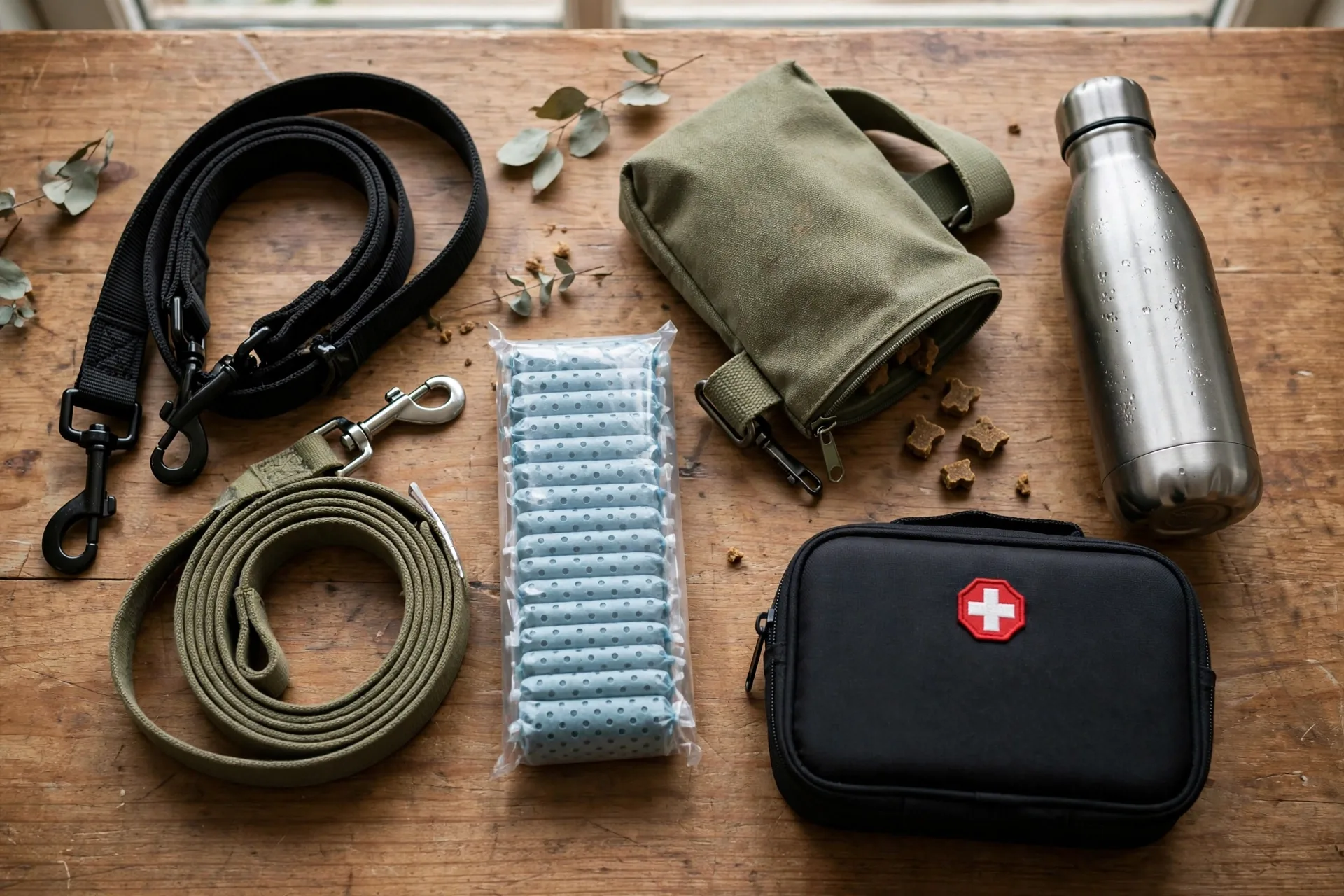 Dog walking starter kit with leashes, waste bags, treat pouch, water bottle, and first aid kit for a dog walking business