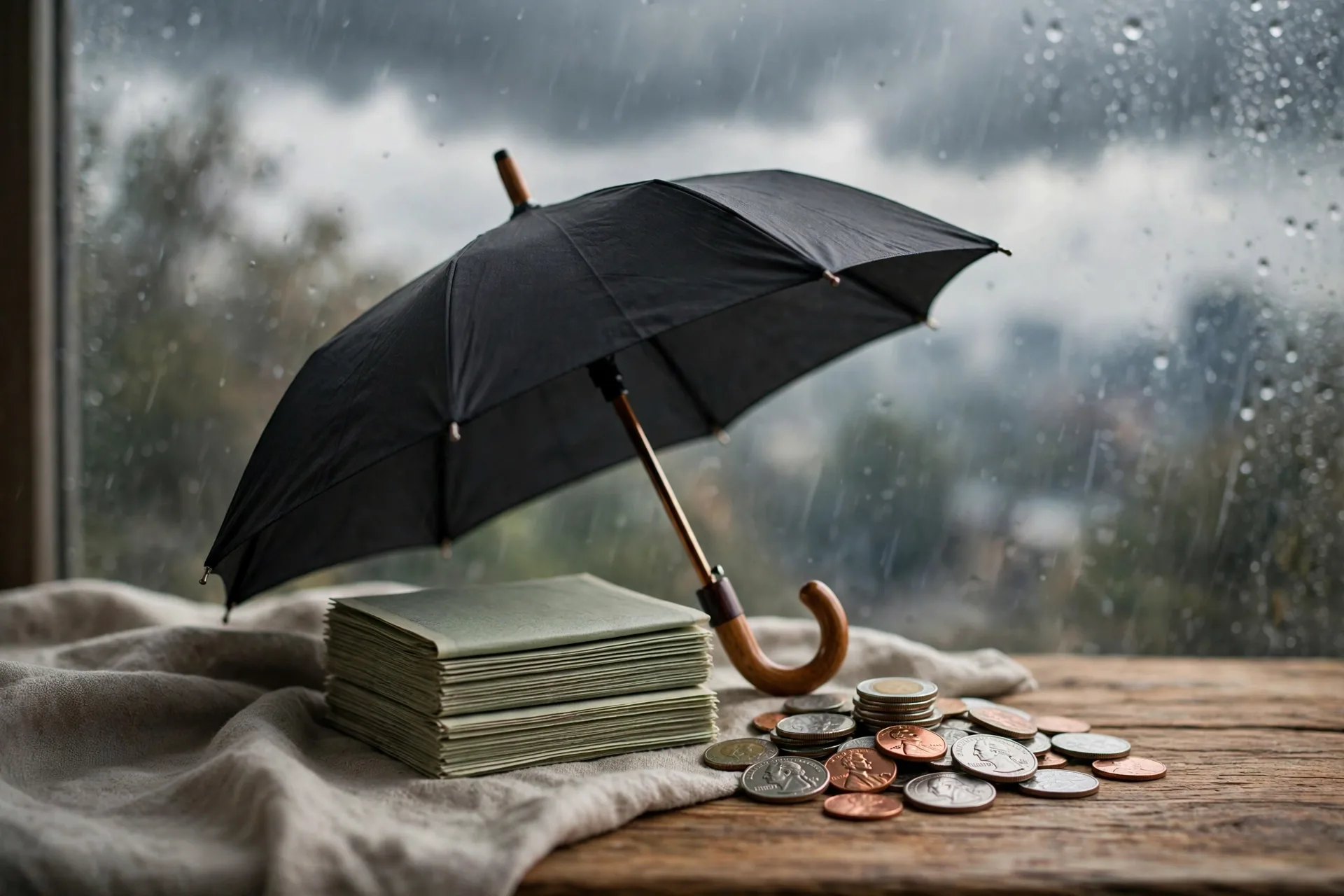 Umbrella protecting a stack of cash, symbolizing an emergency fund protecting net worth