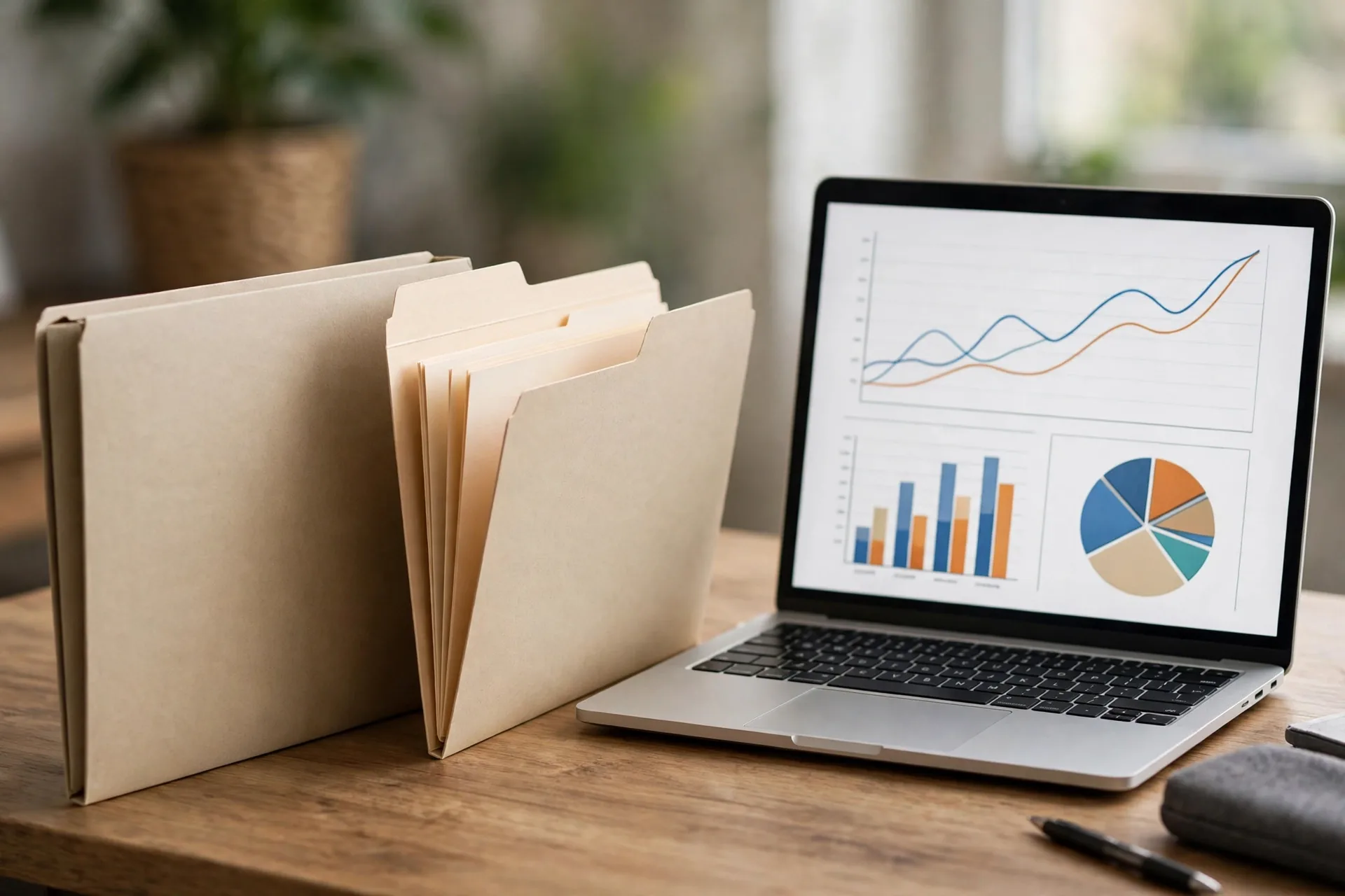 Two folders side by side on a desk next to a laptop showing investment charts, comparing an ETF and a mutual fund for beginners