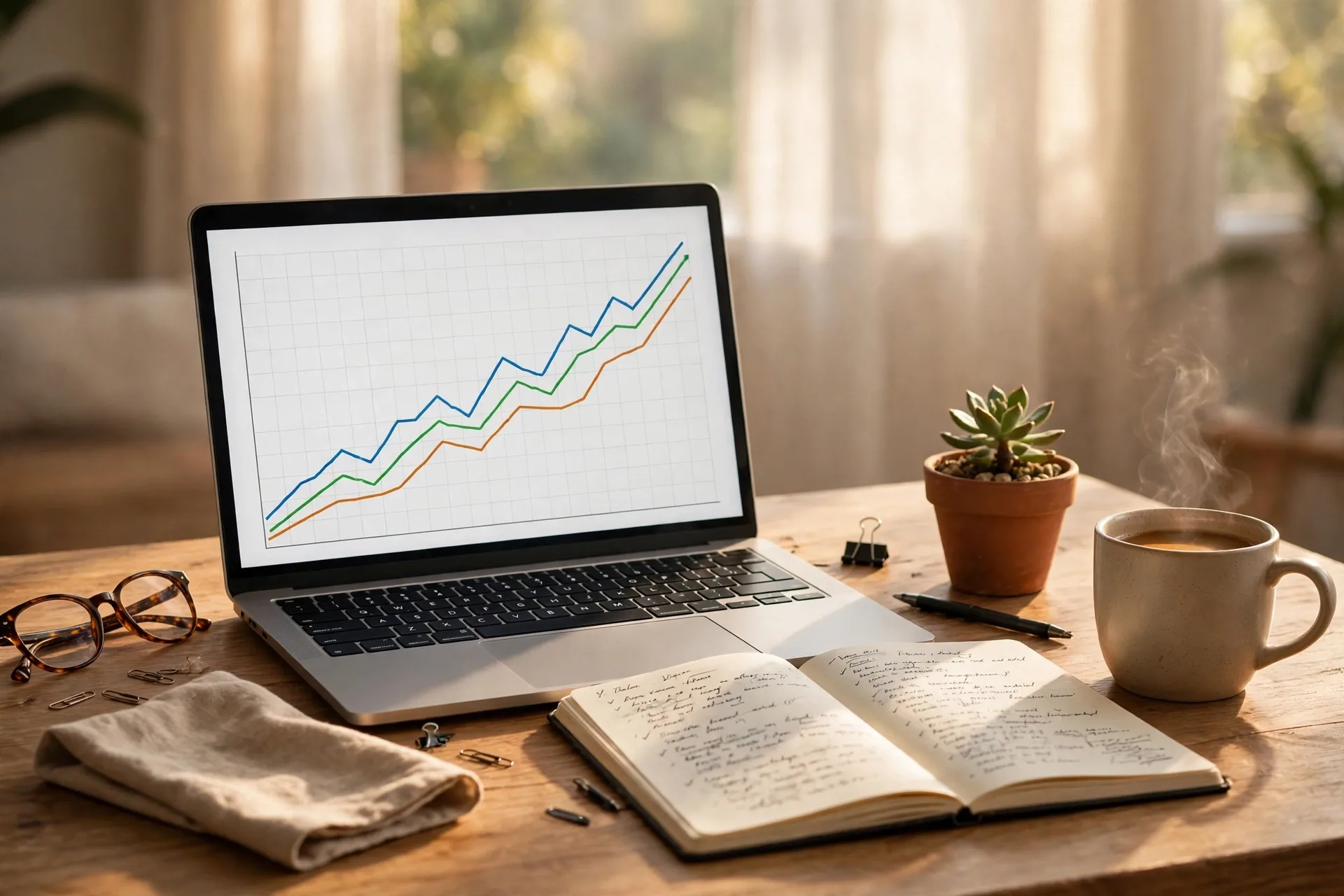 Beginner investor desk with a laptop showing a rising ETF portfolio chart, a notebook plan, and coffee in warm morning light
