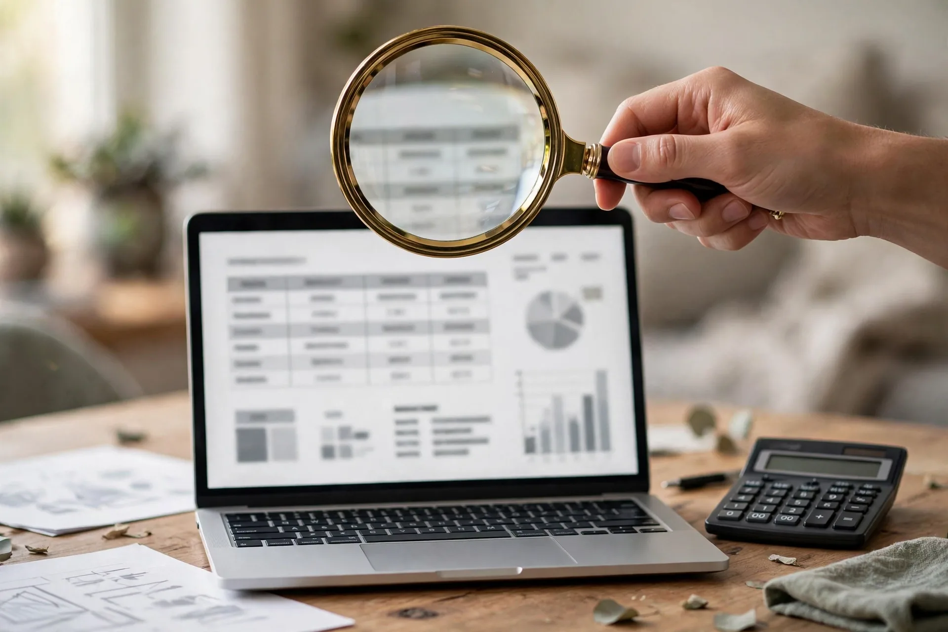 A magnifying glass over a laptop screen showing a fee table and investment fund details for ETF fees and costs