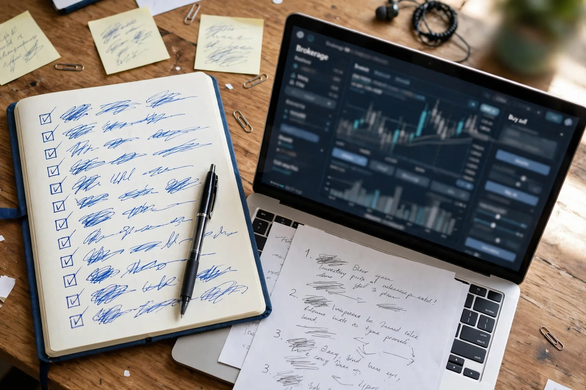 A notebook checklist, a pen, and a laptop showing a brokerage order screen for buying a first ETF