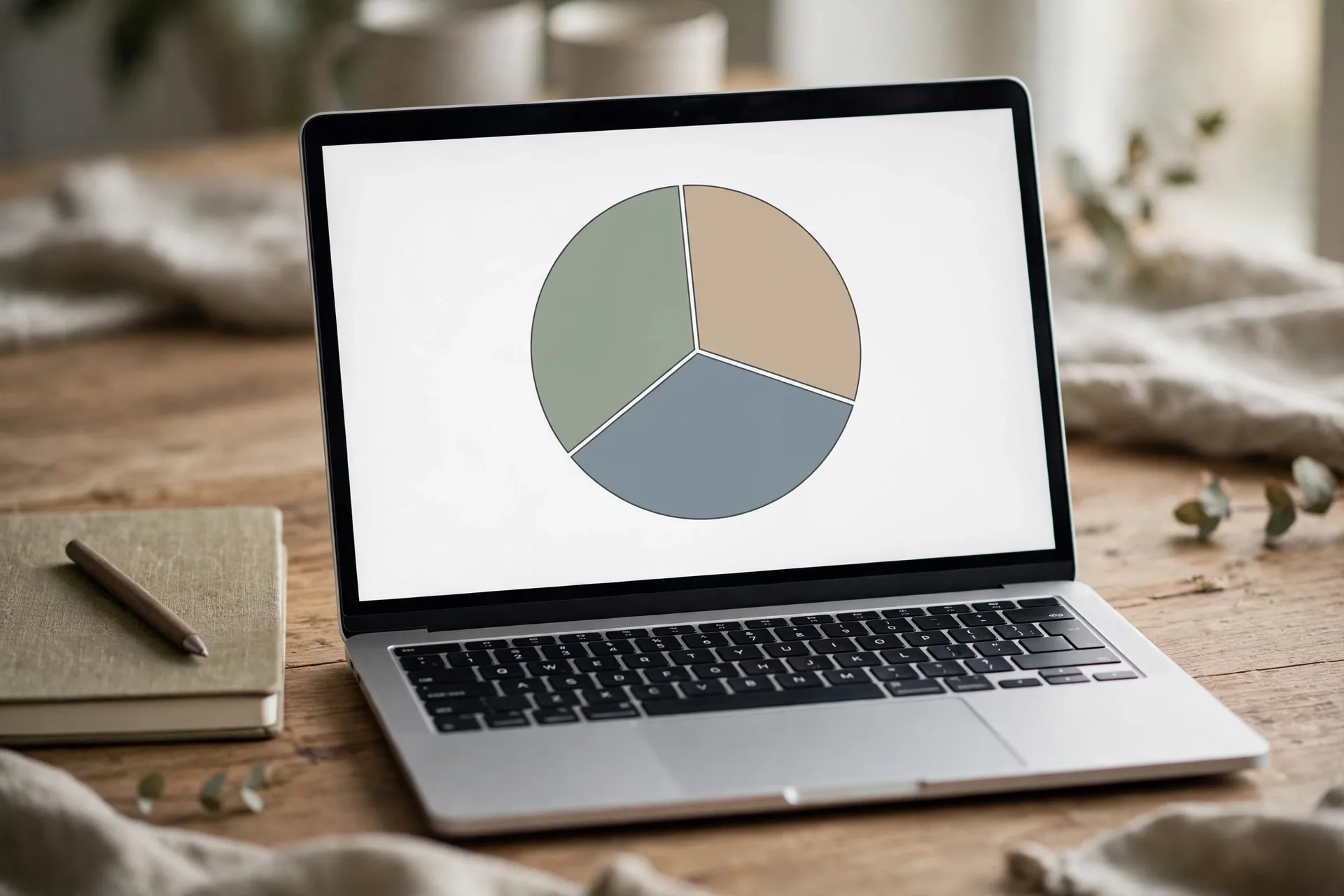 A laptop showing a simple three-slice pie chart with a notebook and pen, representing a simple 3-ETF portfolio for beginners
