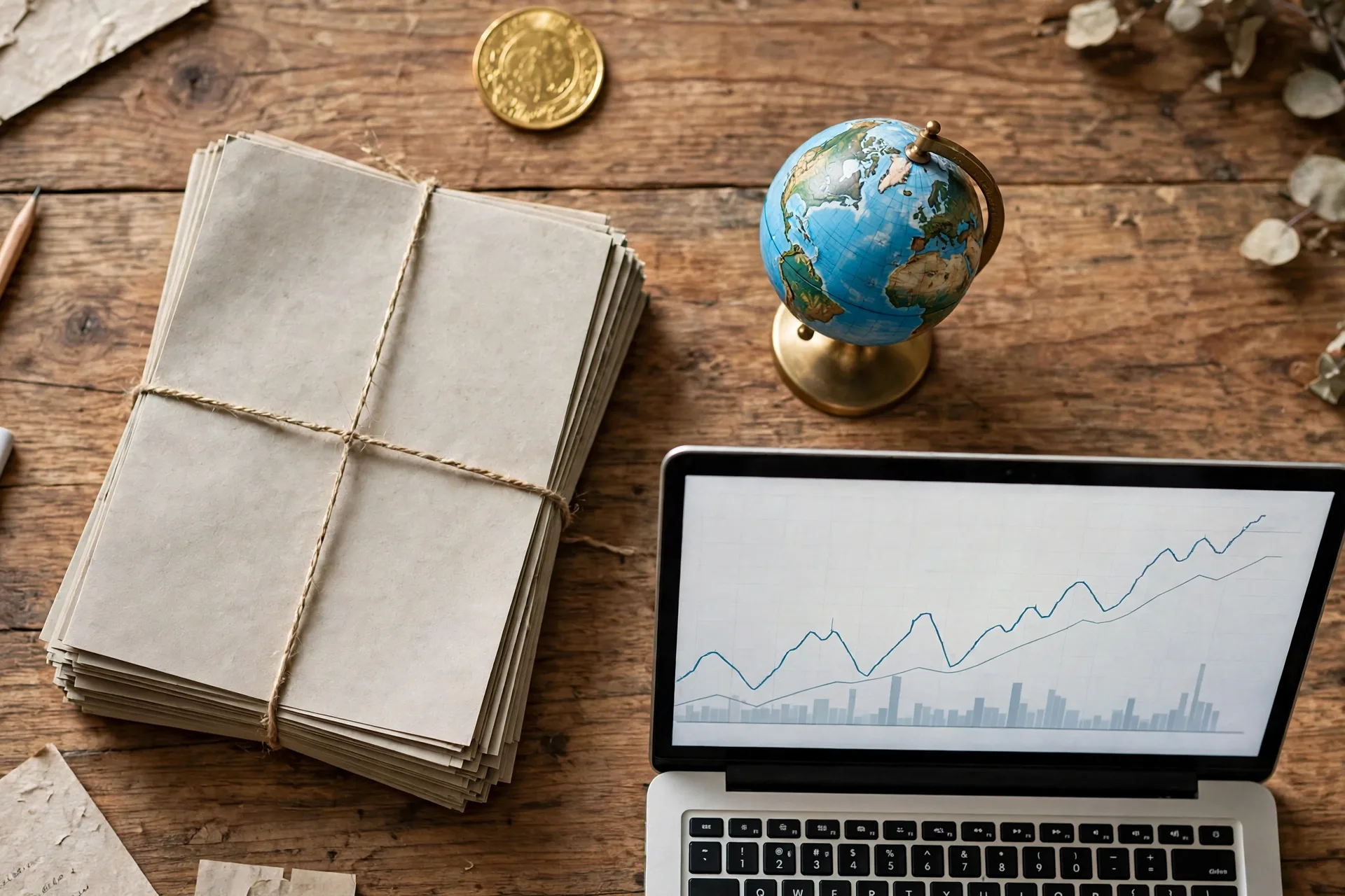 A flat lay of a gold coin, bond documents, a small globe, and a laptop chart showing the different types of ETFs for beginners