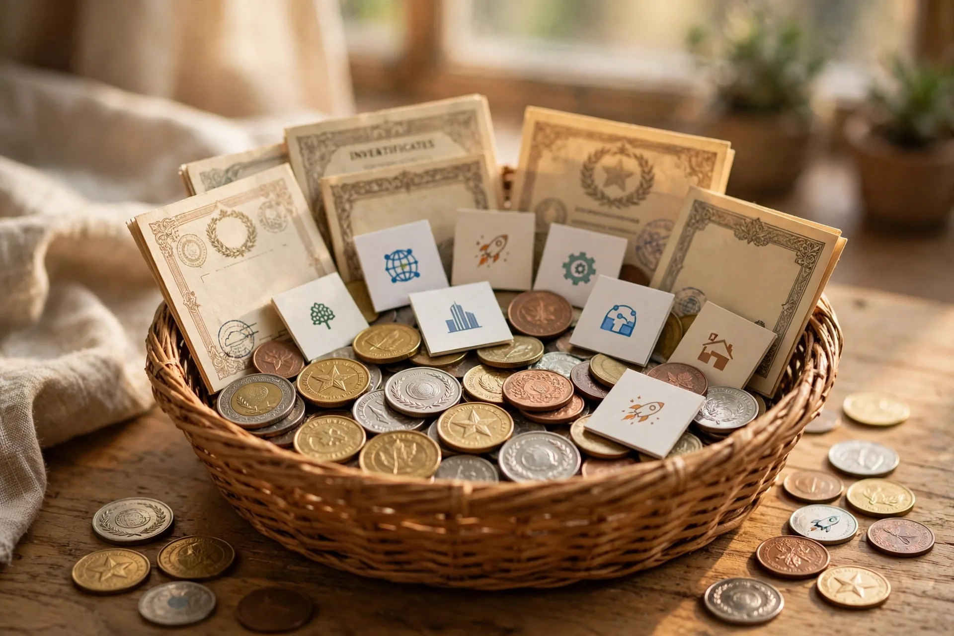 A woven basket on a desk filled with stock certificates, coins, and cards showing how one ETF holds many investments at once