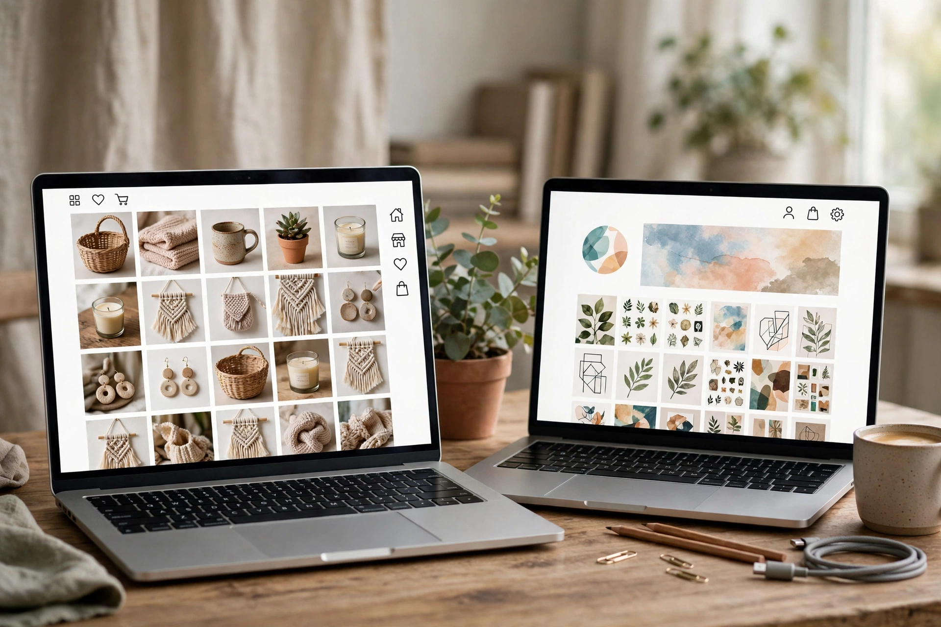 Etsy vs Gumroad comparison for selling digital products online, with two shop pages on a desk