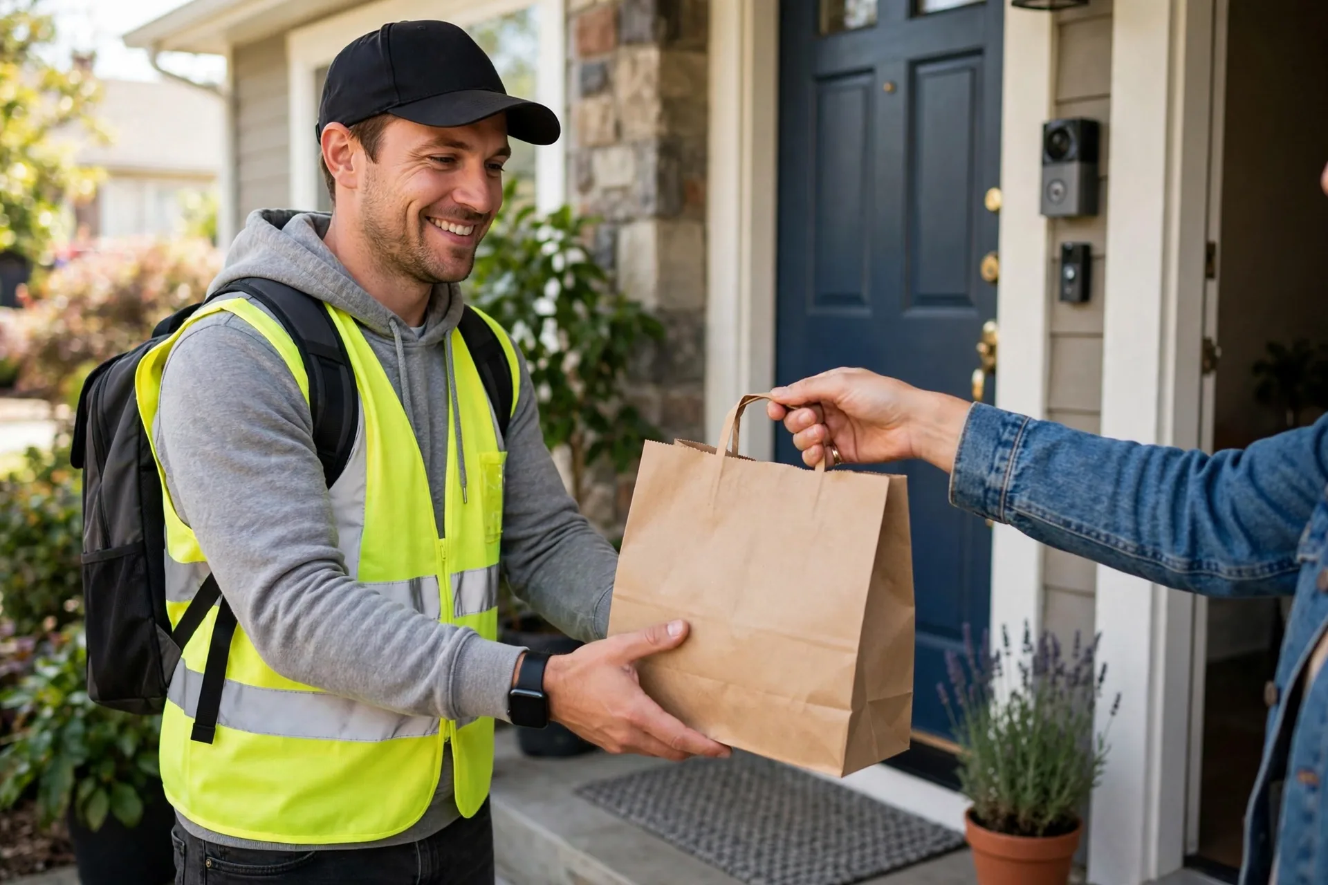Delivery driver handing over a food order bag, earning extra money to pay off debt on a low income