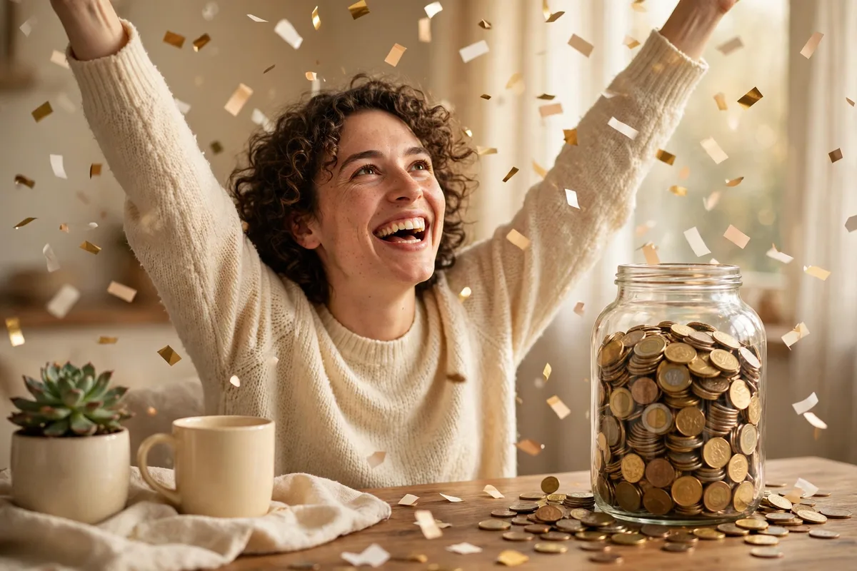 Person celebrating reaching their first $10,000 savings goal at a desk