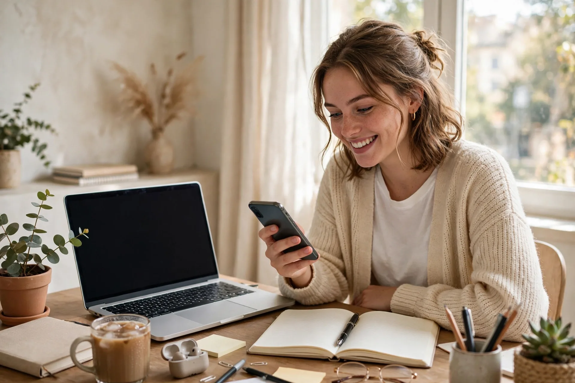 Freelancer checking a smartphone at a home workspace while following a weekly paycheck budget system