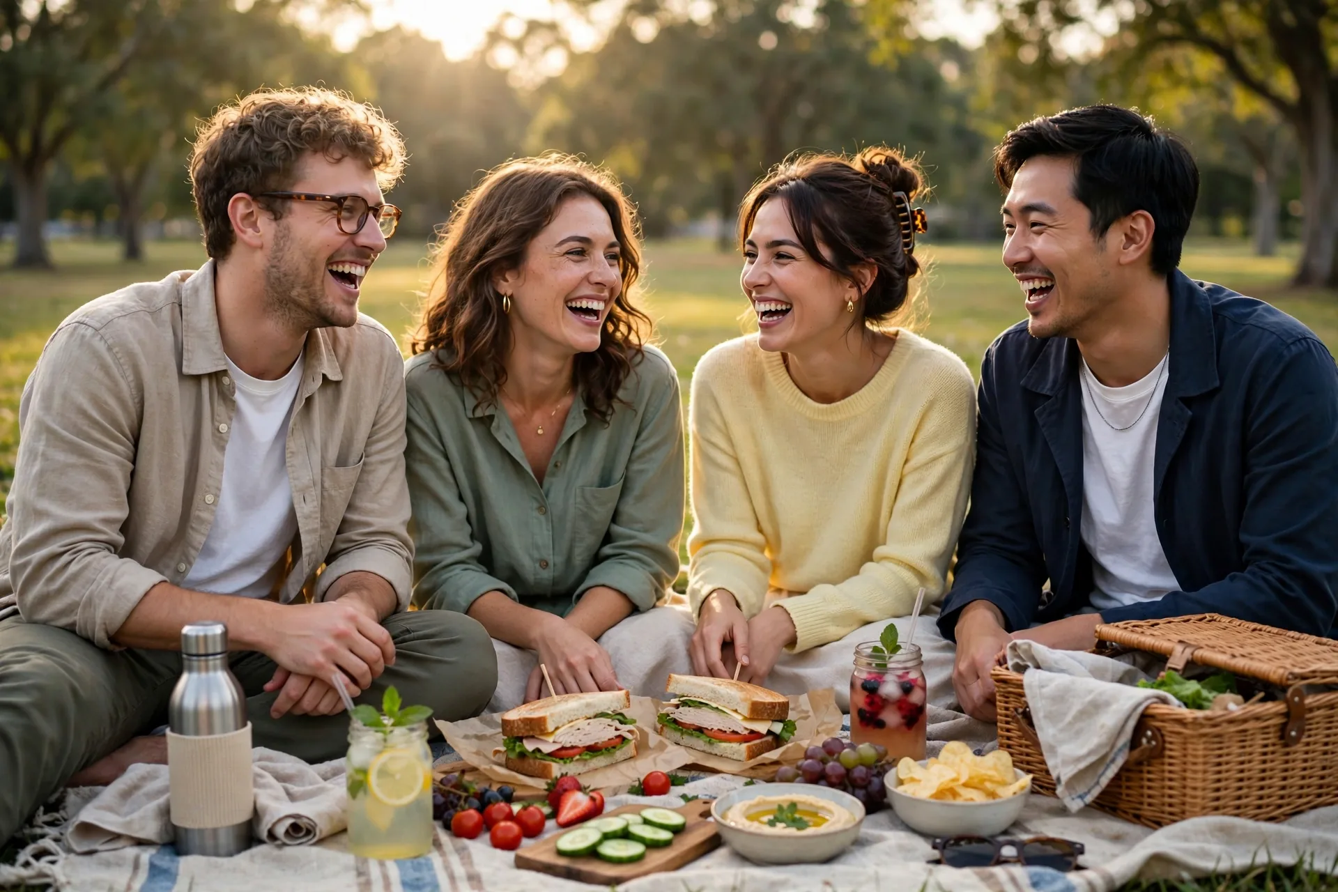 Friends enjoying a free outdoor picnic - one of the best frugal living tips for fun without spending