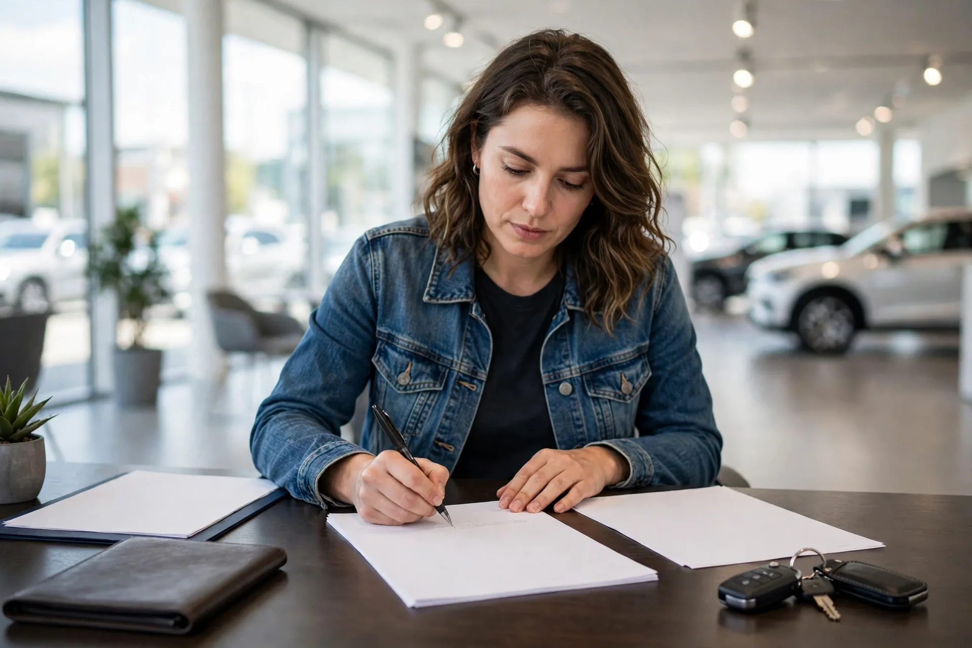 Person signing car loan papers at a dealership with a good credit score for auto financing