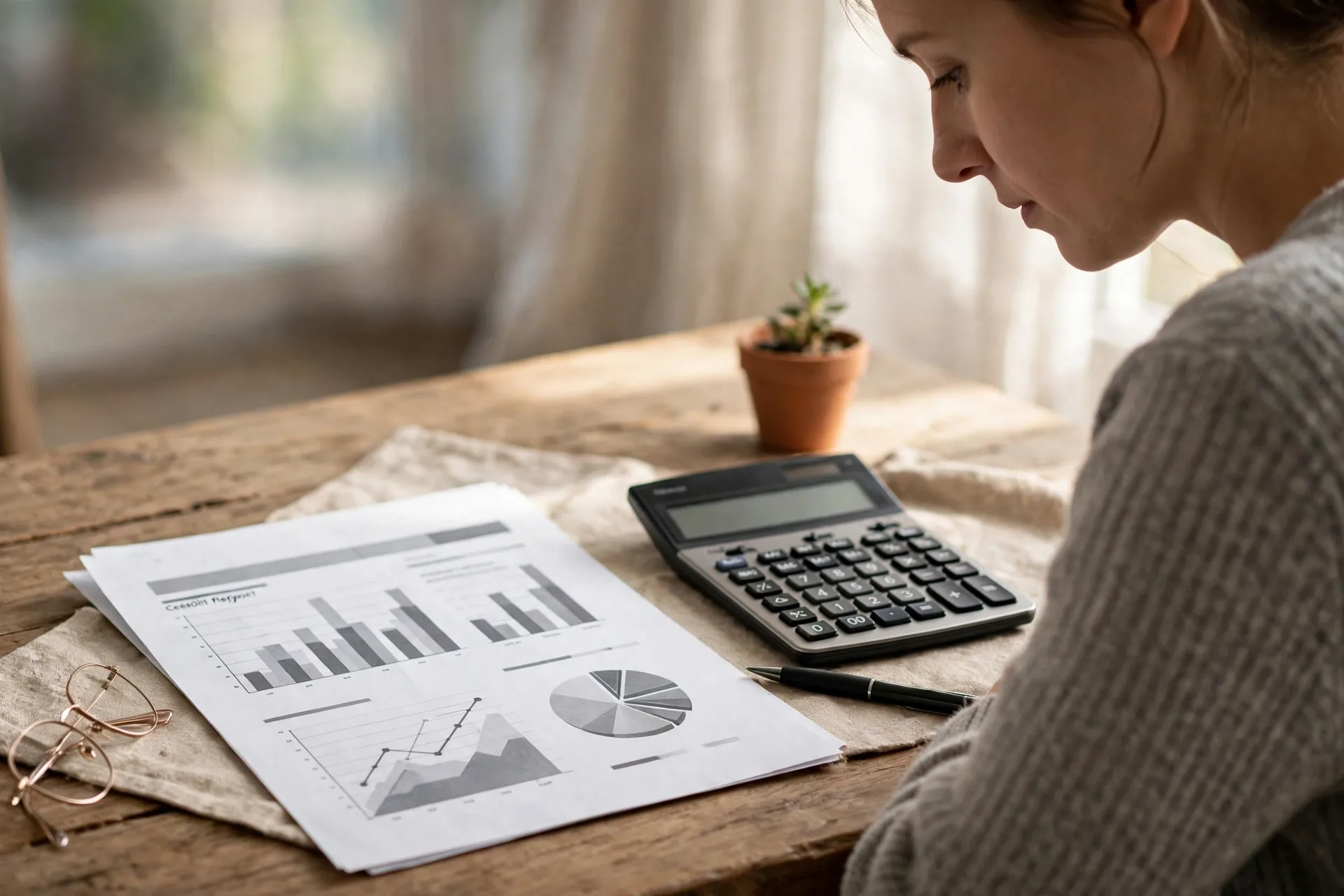 Person reviewing a credit report and calculator to understand a good credit score on the FICO scale