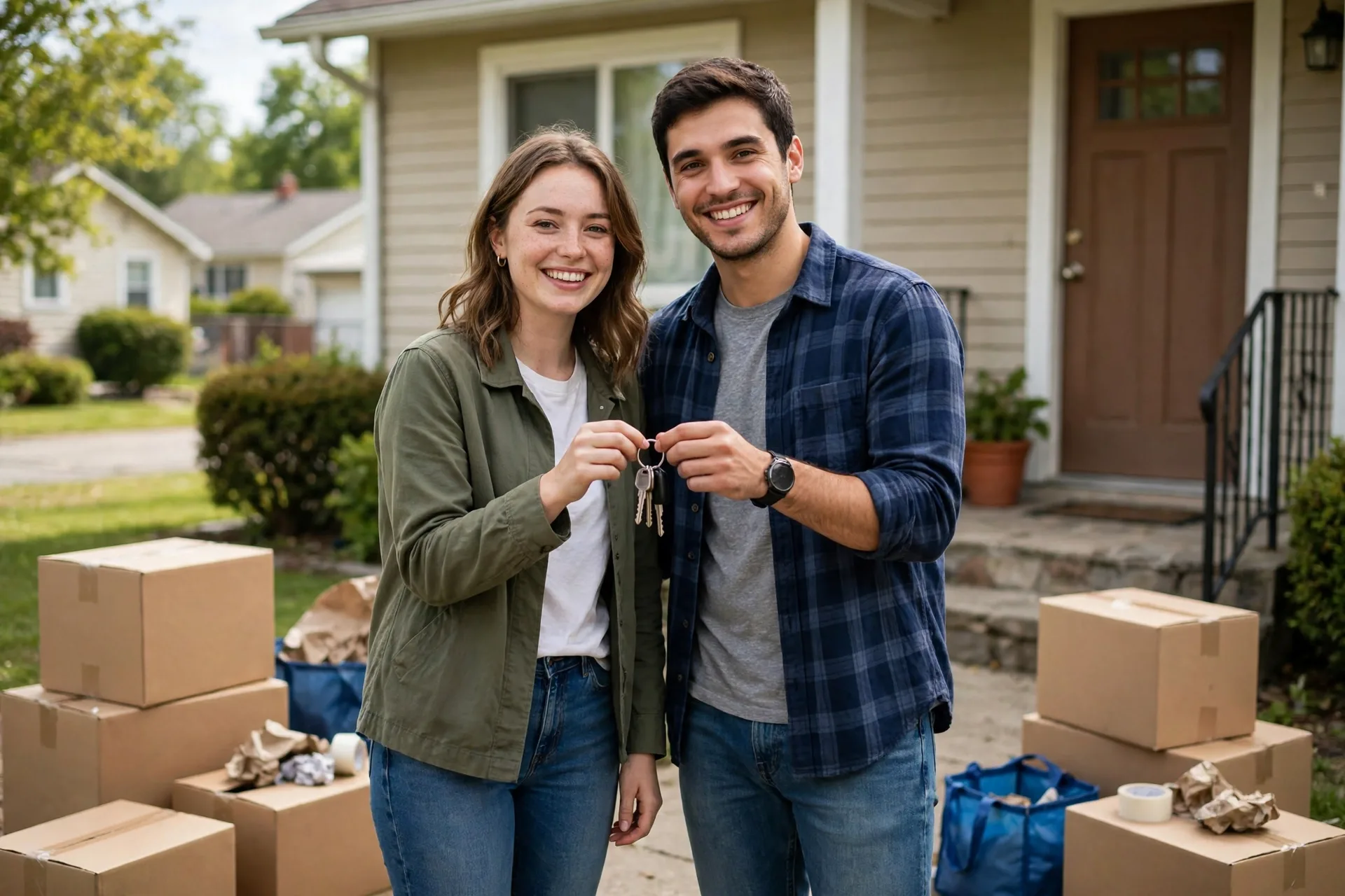 Couple holding house keys outside a home after qualifying with a good credit score for a mortgage