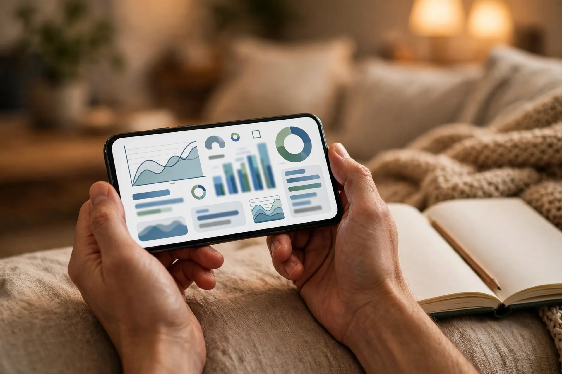 Person checking a good credit score on a phone finance app at home