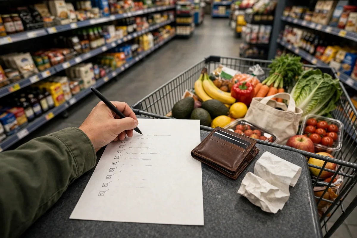 Hand writing a grocery shopping list with budget tips in mind