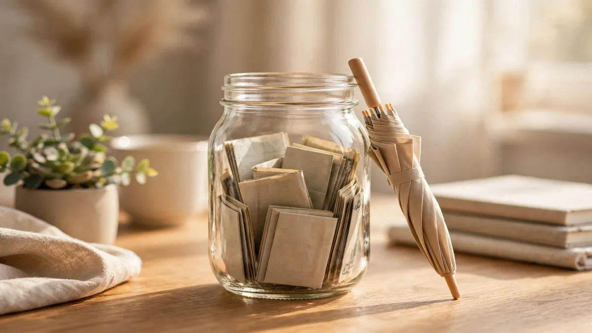 Glass jar of cash with a small umbrella, representing an emergency fund kept in a high yield savings account