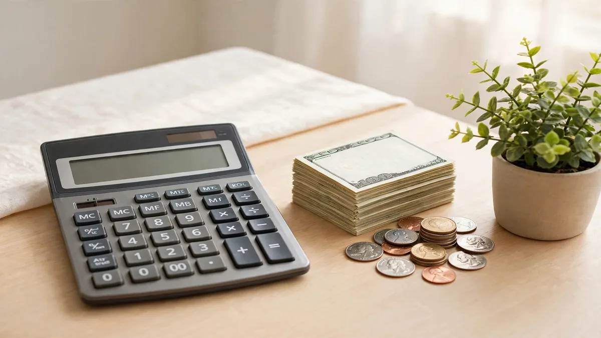 Calculator with stacked dollar bills and coins showing how a high yield savings account interest rate grows savings