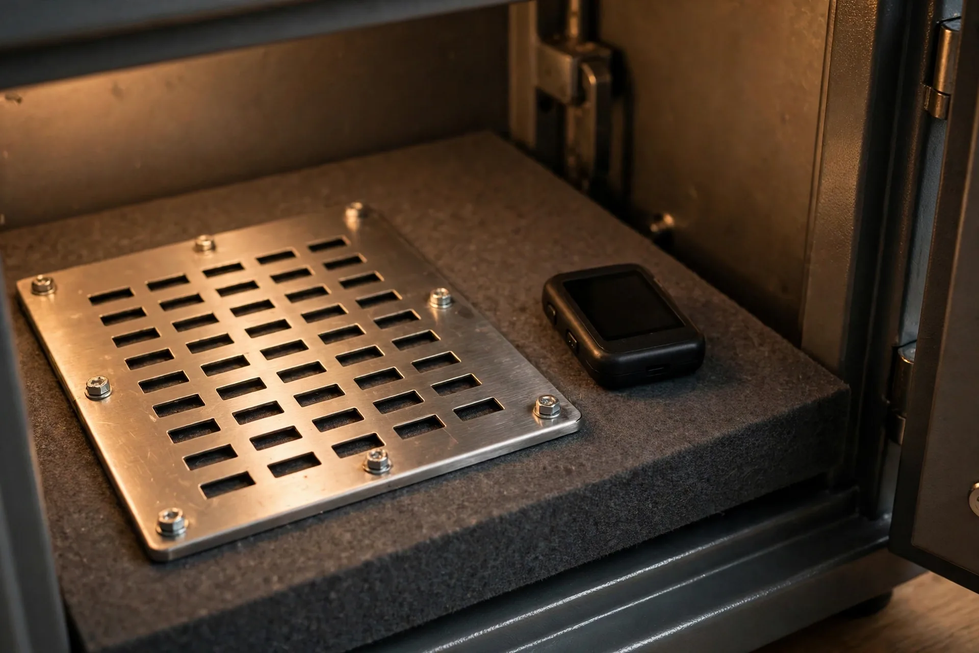 Safe storage for hot vs cold crypto wallets with a metal backup plate in a safe box