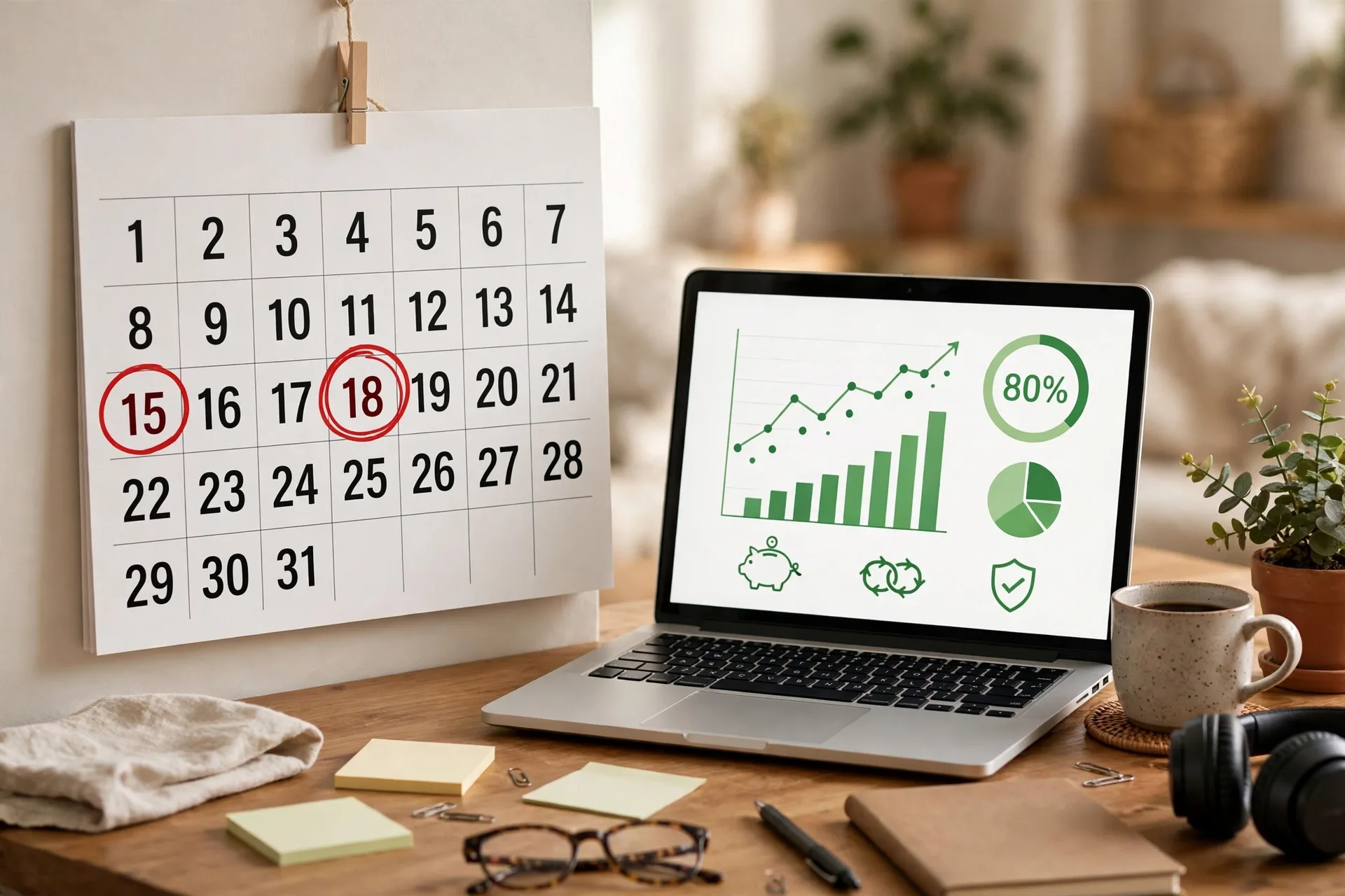 A wall calendar with a payday reminder next to a laptop showing an automatic savings transfer, for how much should you invest per month automation