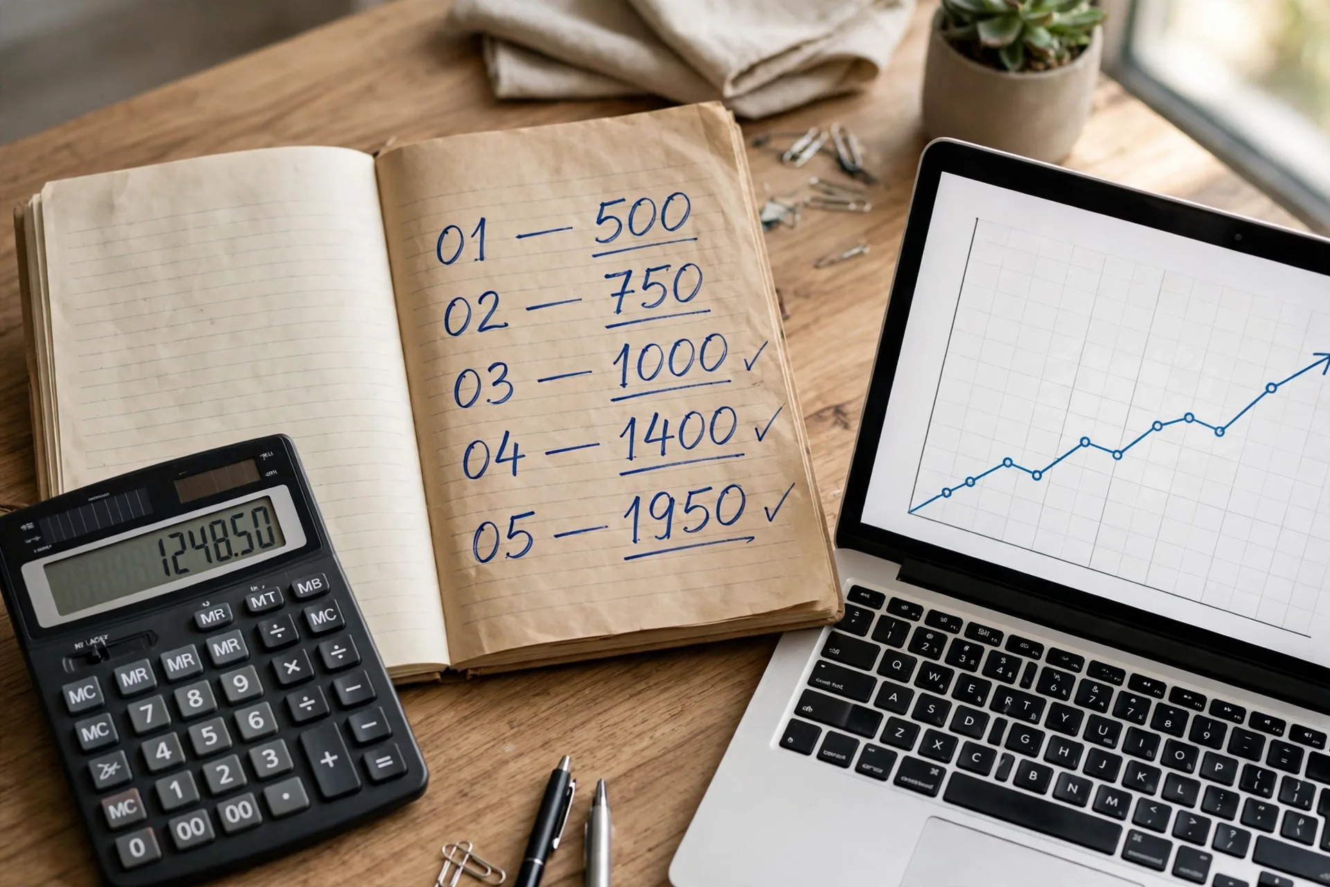 A calculator, notebook with monthly numbers, and a laptop showing a savings growth chart, for how much should you invest per month calculation