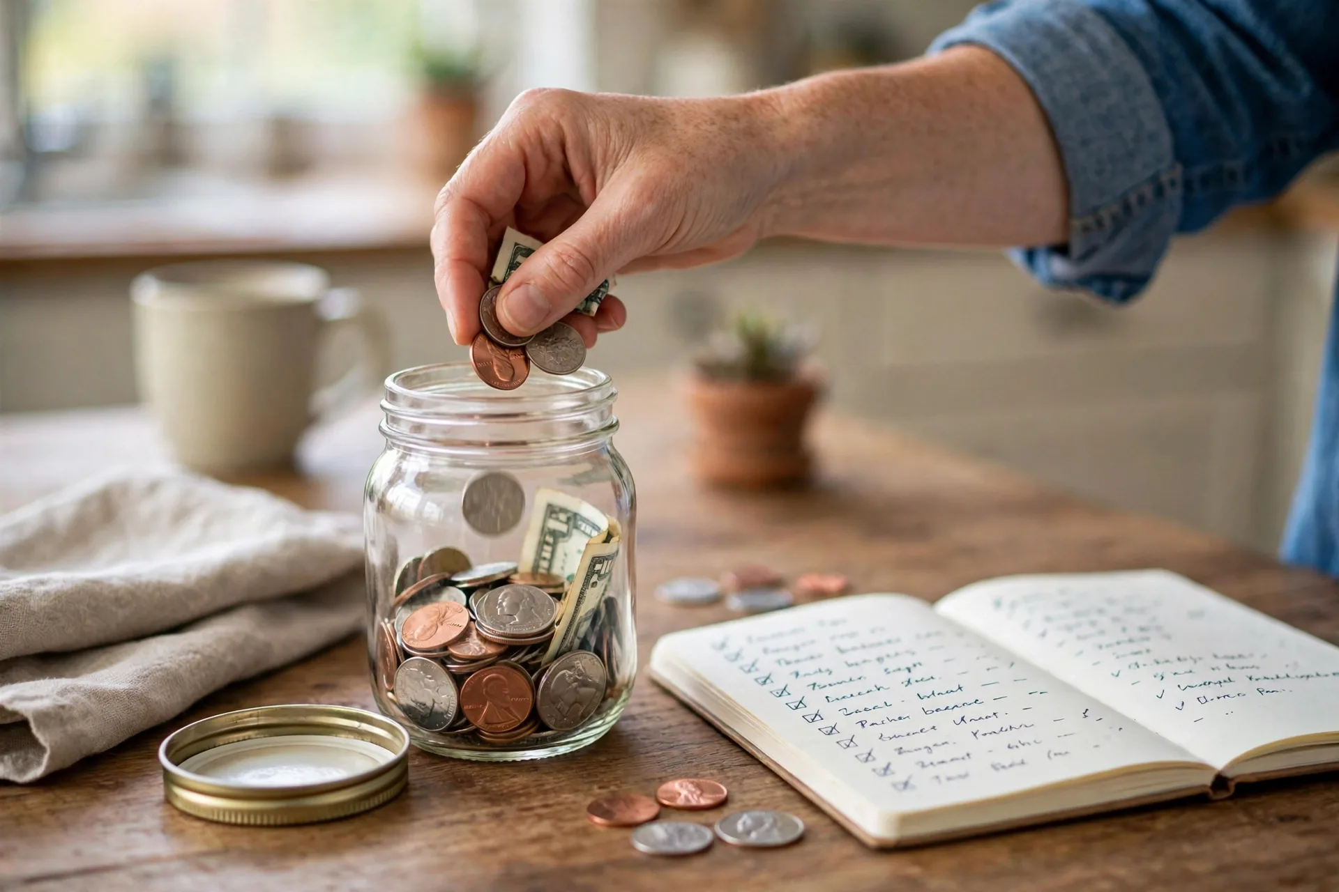 A person putting a small amount of cash into a savings jar beside a handwritten budget list, for how much should you invest per month on a low income