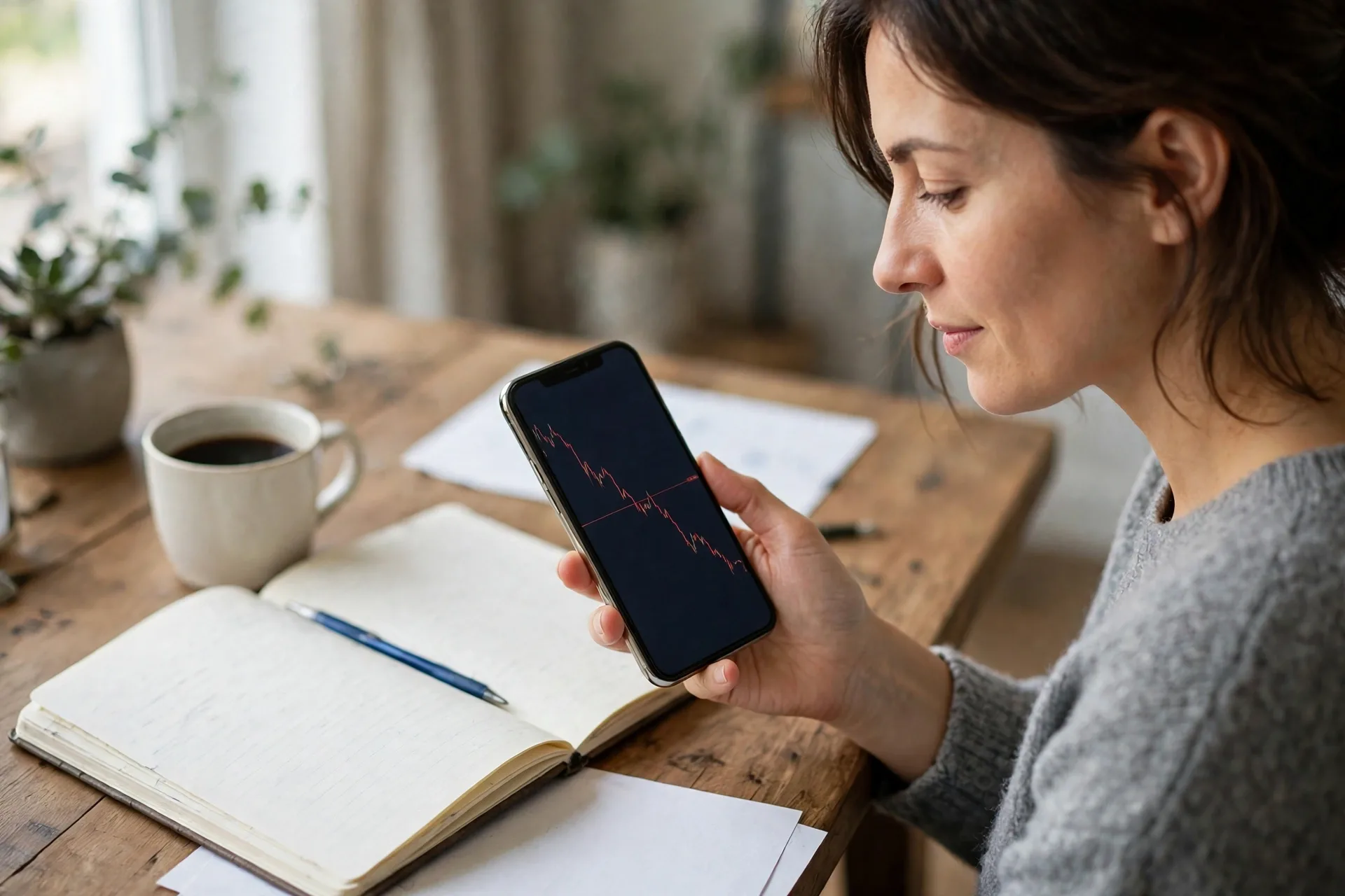 A person looking calmly at a falling stock chart on a phone with a written investment plan notebook beside it, for how much should you invest per month mistakes