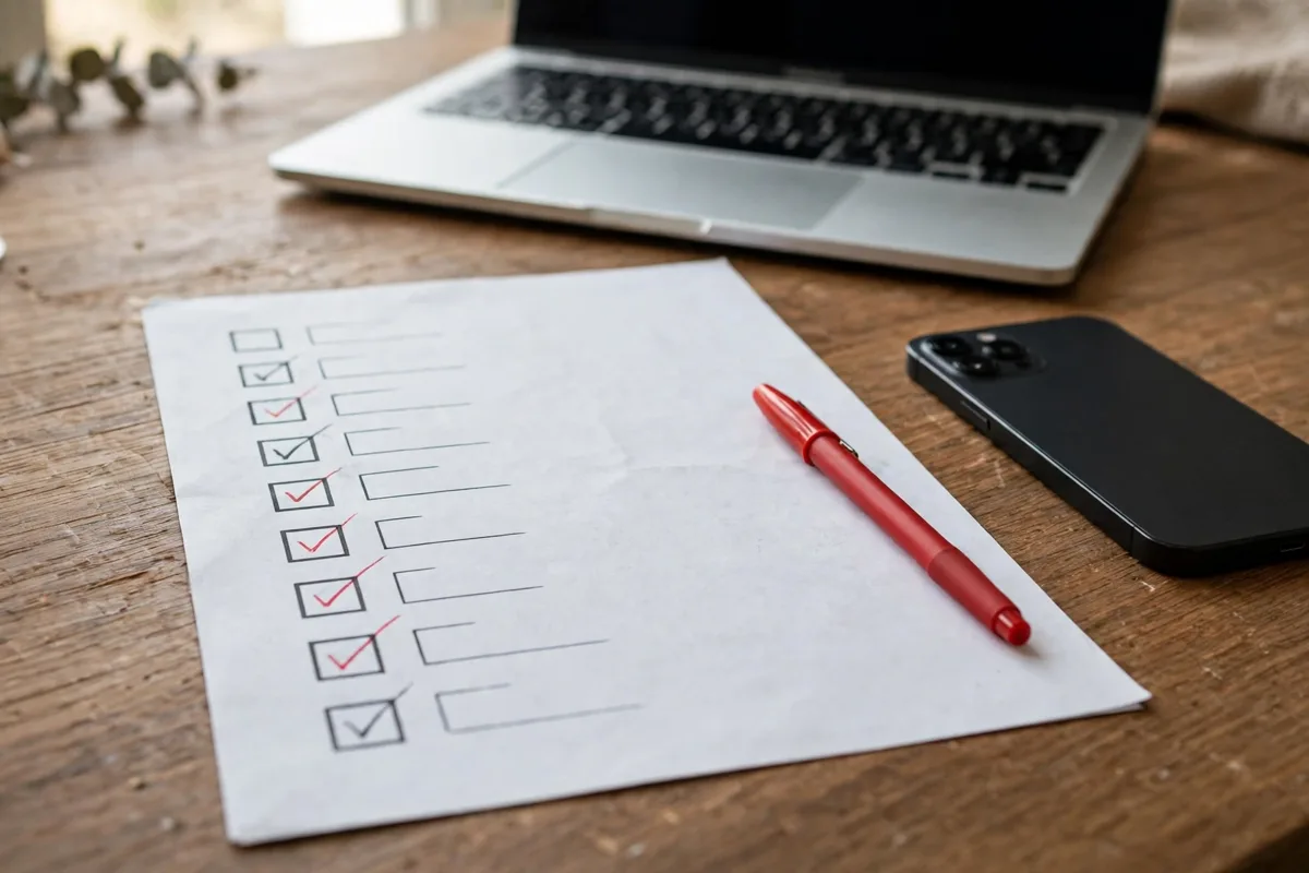 Checklist with a pen, phone and laptop used to check crypto scam red flags