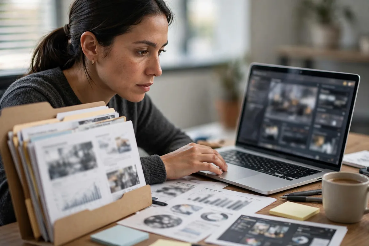 Person reporting a crypto scam at a laptop with records in a folder for how to avoid crypto scams