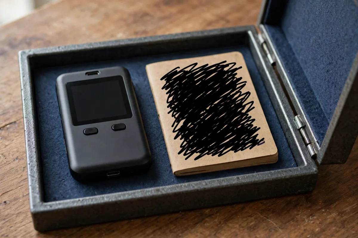 Hardware crypto wallet in a safe box with a paper backup for how to avoid crypto scams