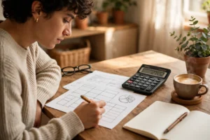 Person calculating monthly expenses at a home desk, the first step to build an emergency fund from scratch